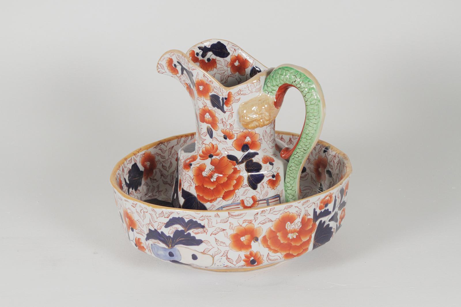 A 19th Century English Ironstone Pitcher and Bowl Marked On Base. Hand painted in an Imari Pallet, circa 1880.
