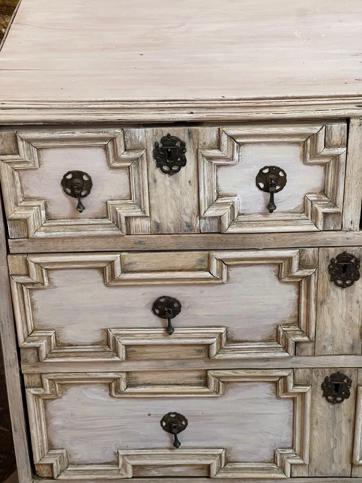 19th Century English Jacobean Bleached Mahogany Chest with Geometric Design In Good Condition In Dallas, TX