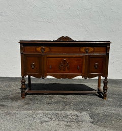 19th Century English Jacobean Carved Wood Ceramic Tiles Credenza/Sideboard