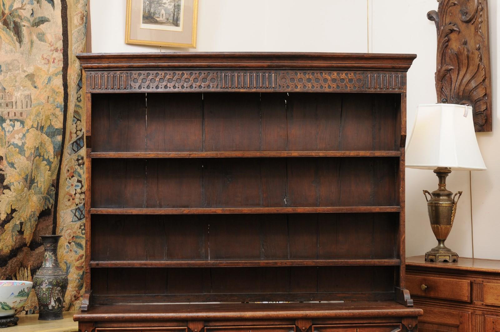 19th Century English Jacobean Style Oak Dresser Base with 2 Cabinets, Drawers, and Optional Plate Rack