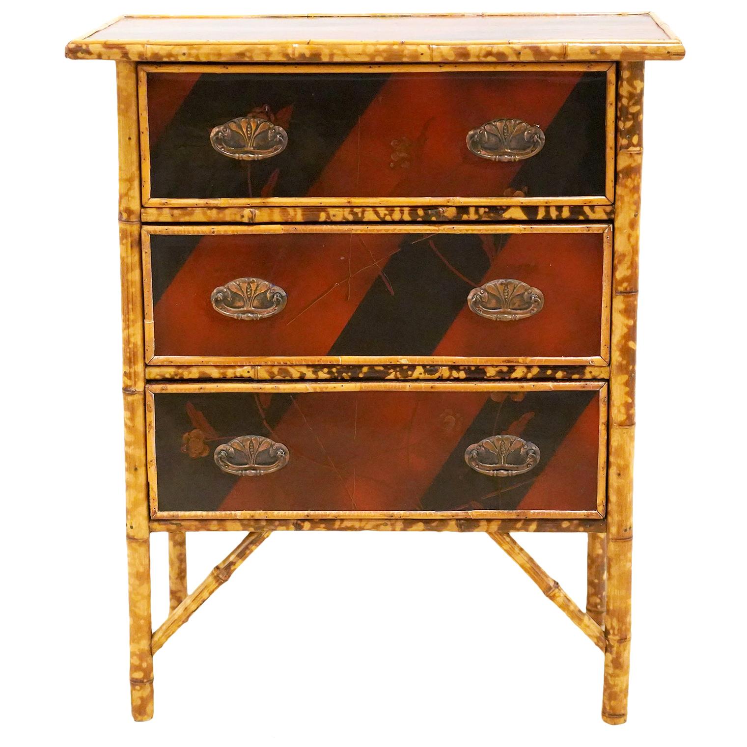 19th Century English Japanned and Burnished Bamboo Chest of Three Drawers