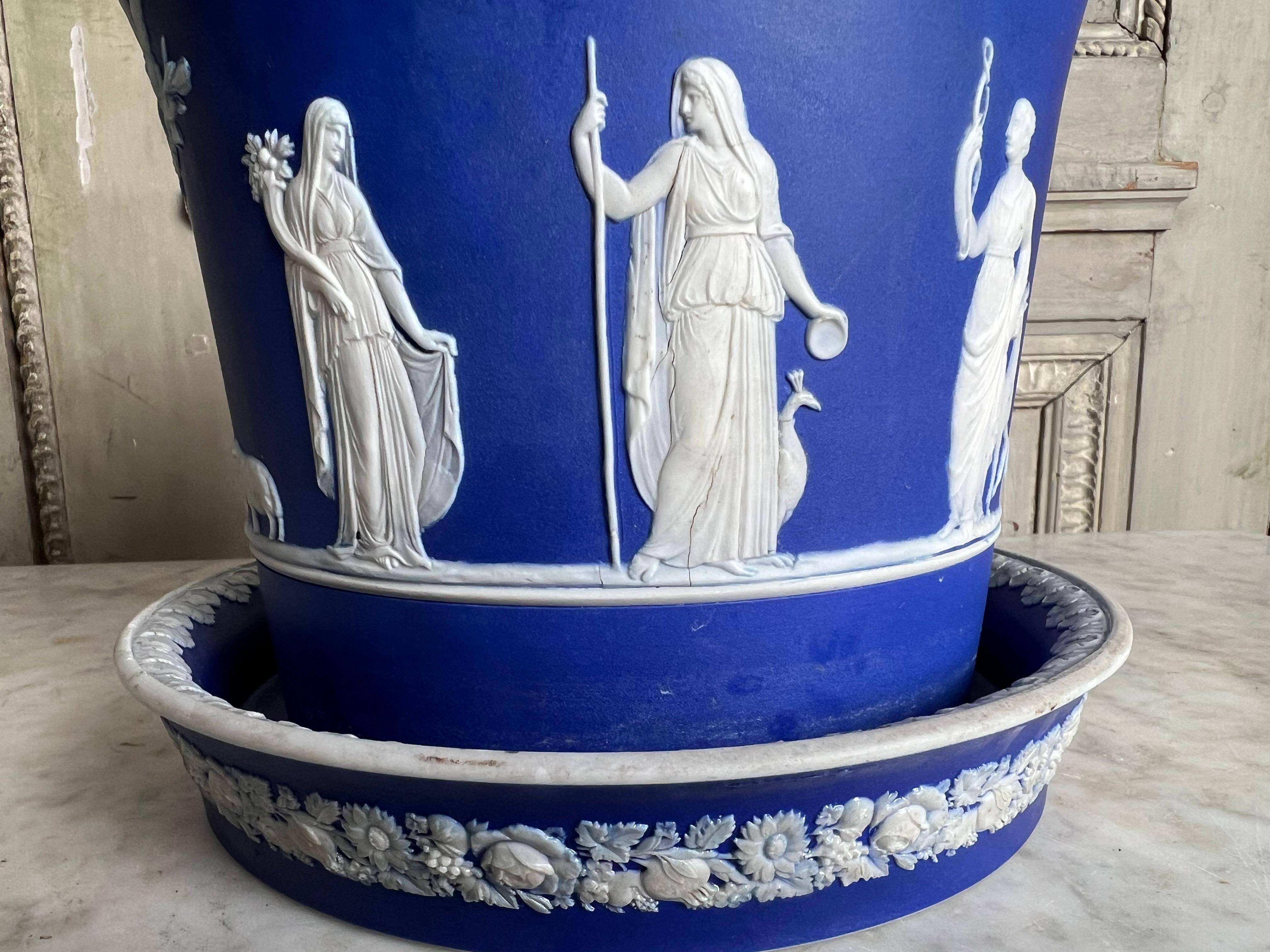 Neoclassical 19th Century English Jasperware Planter and Stand in Blue and White.   For Sale