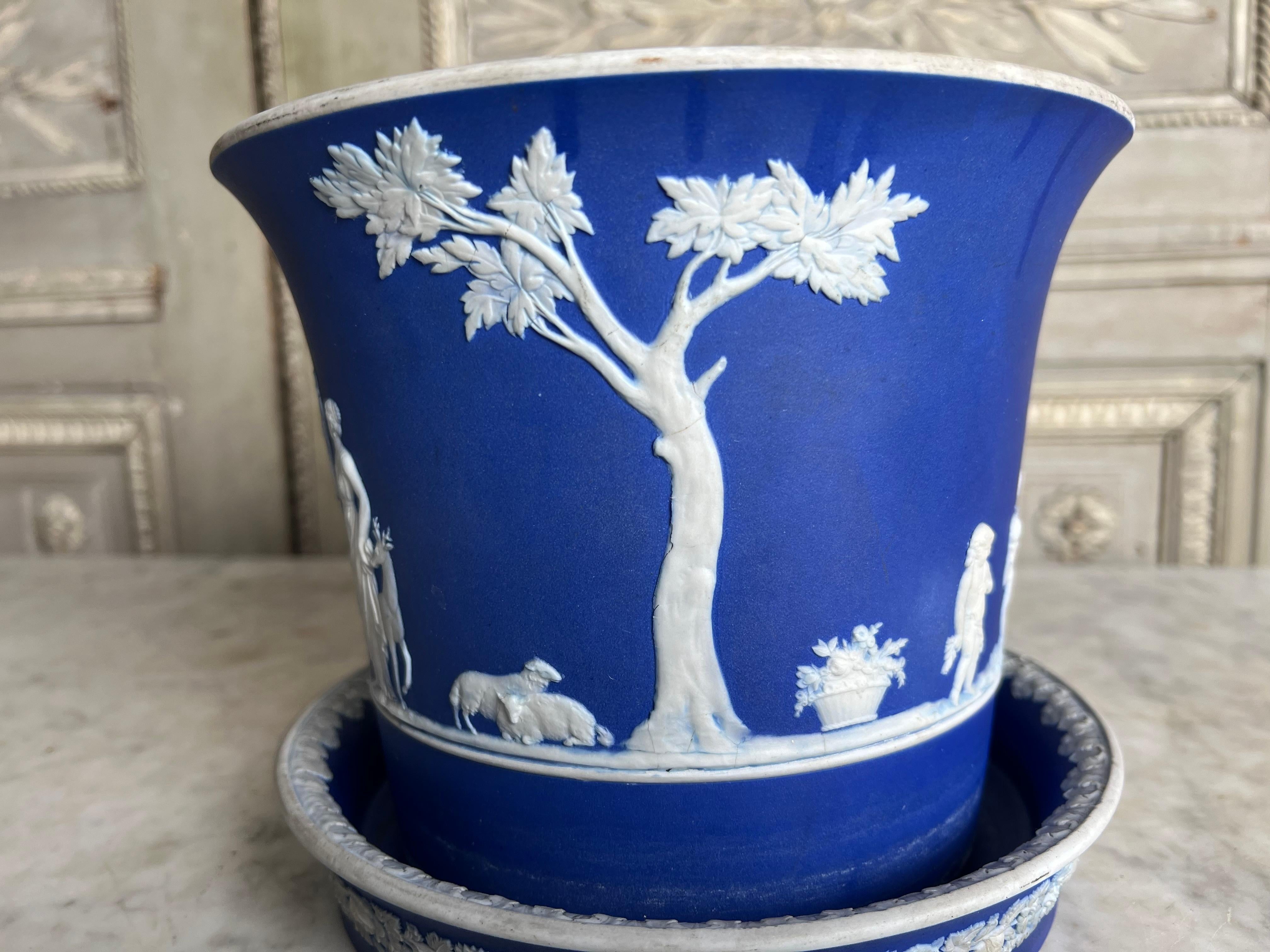 Etched 19th Century English Jasperware Planter and Stand in Blue and White.   For Sale