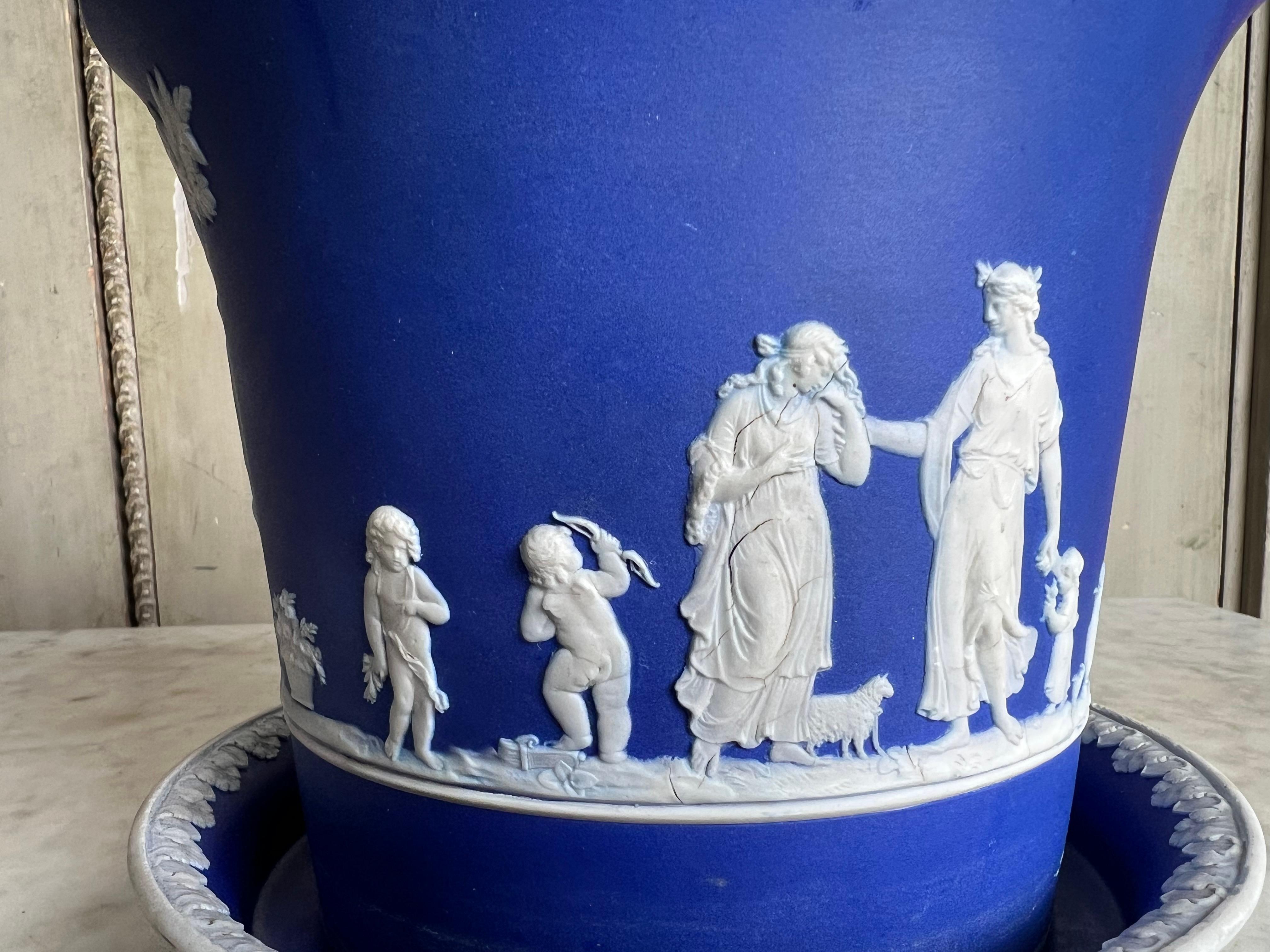 19th Century English Jasperware Planter and Stand in Blue and White.   In Good Condition For Sale In Dallas, TX