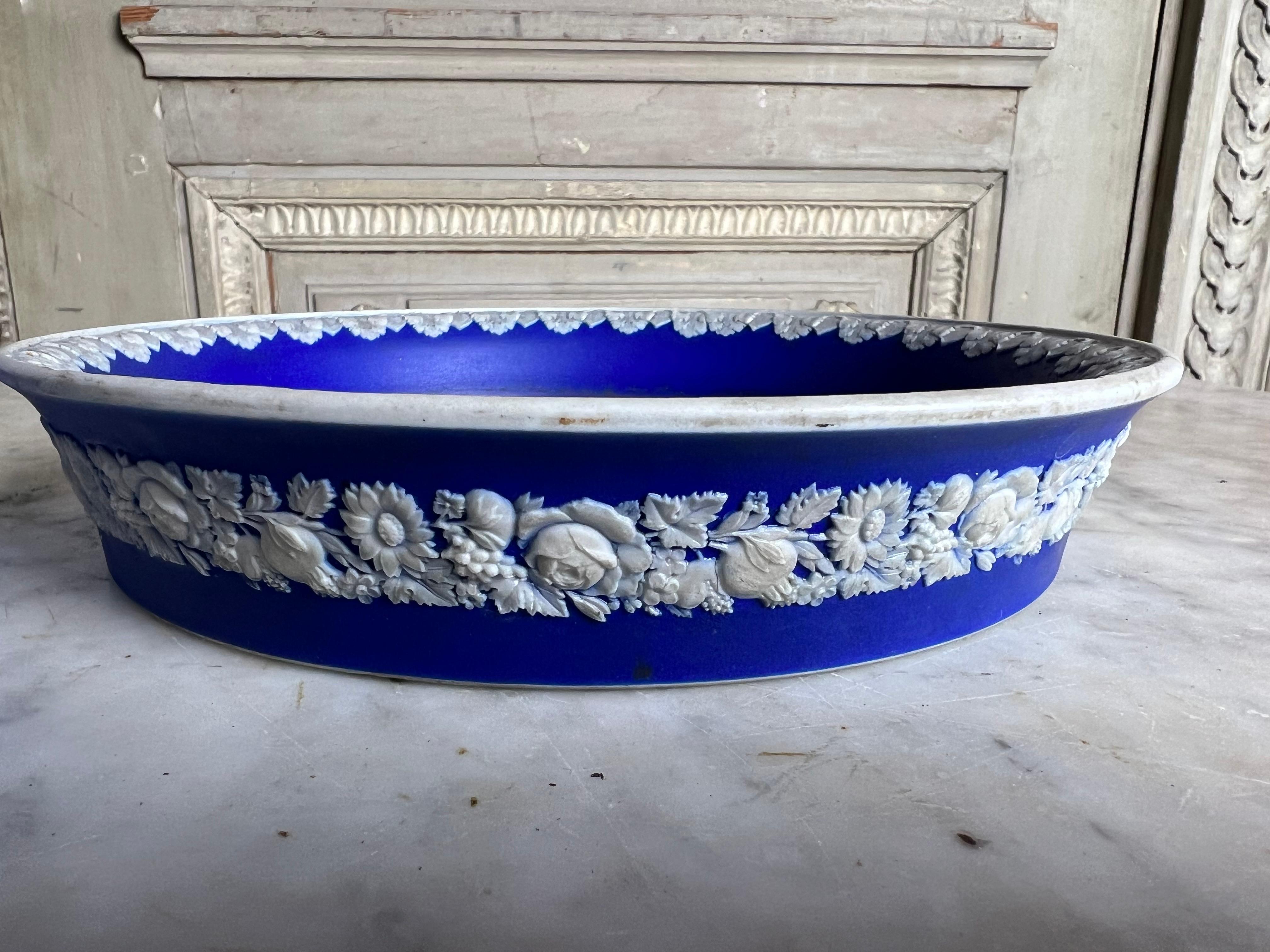 Porcelain 19th Century English Jasperware Planter and Stand in Blue and White.   For Sale