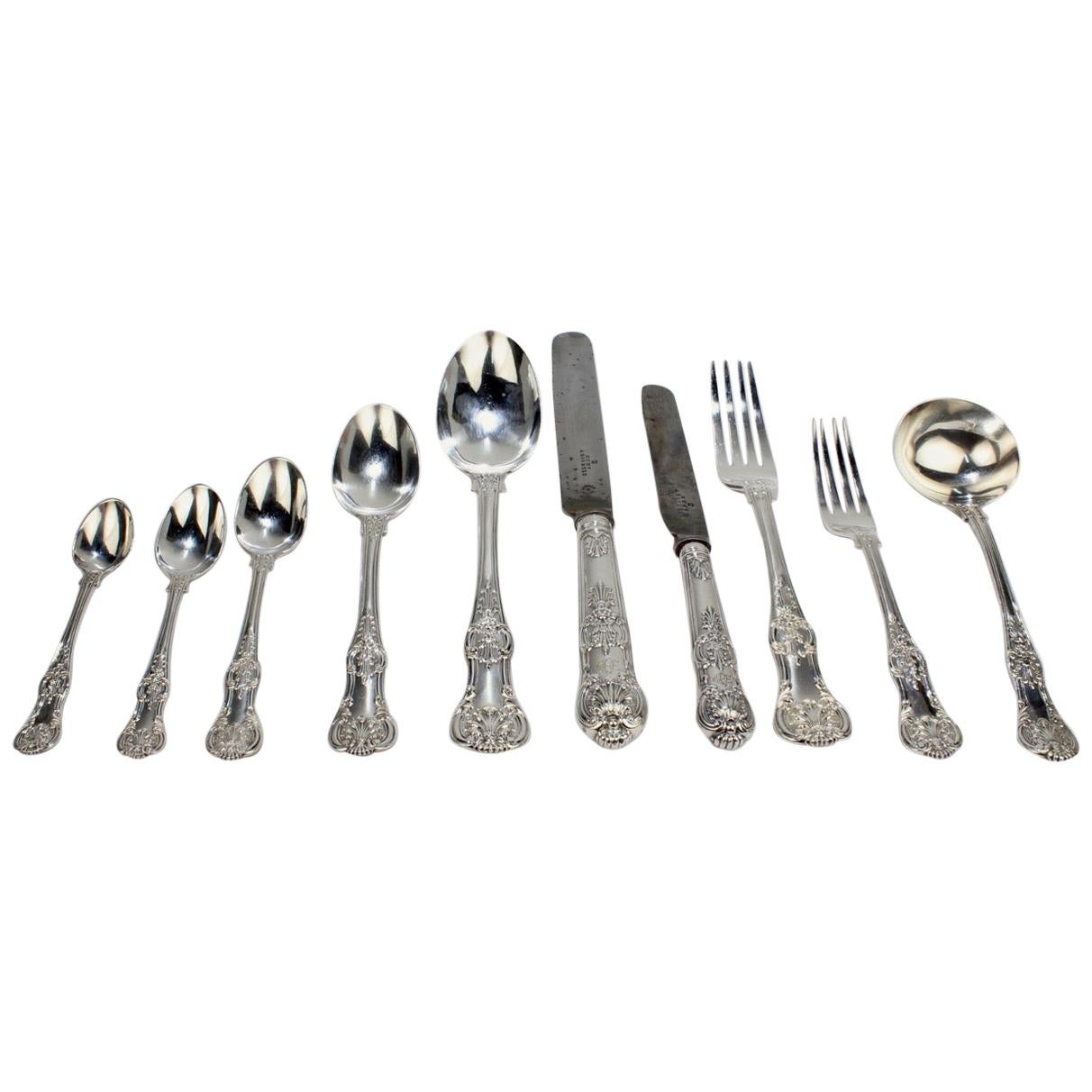 19th Century English Queen Pattern Sterling Silver 112 Piece Flatware Set for 12 For Sale