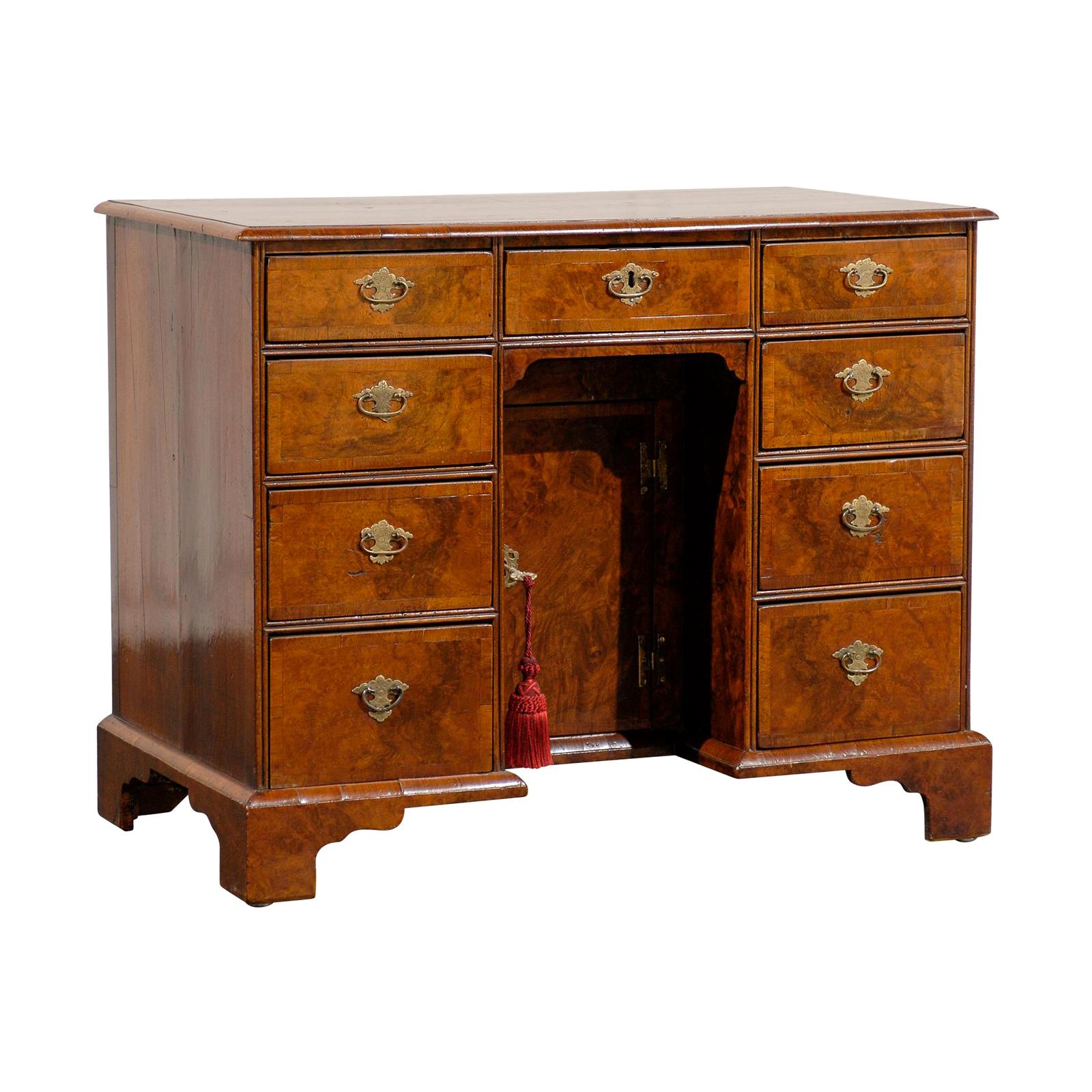 19th Century English Knee Hole Desk with Burled Walnut Top For Sale