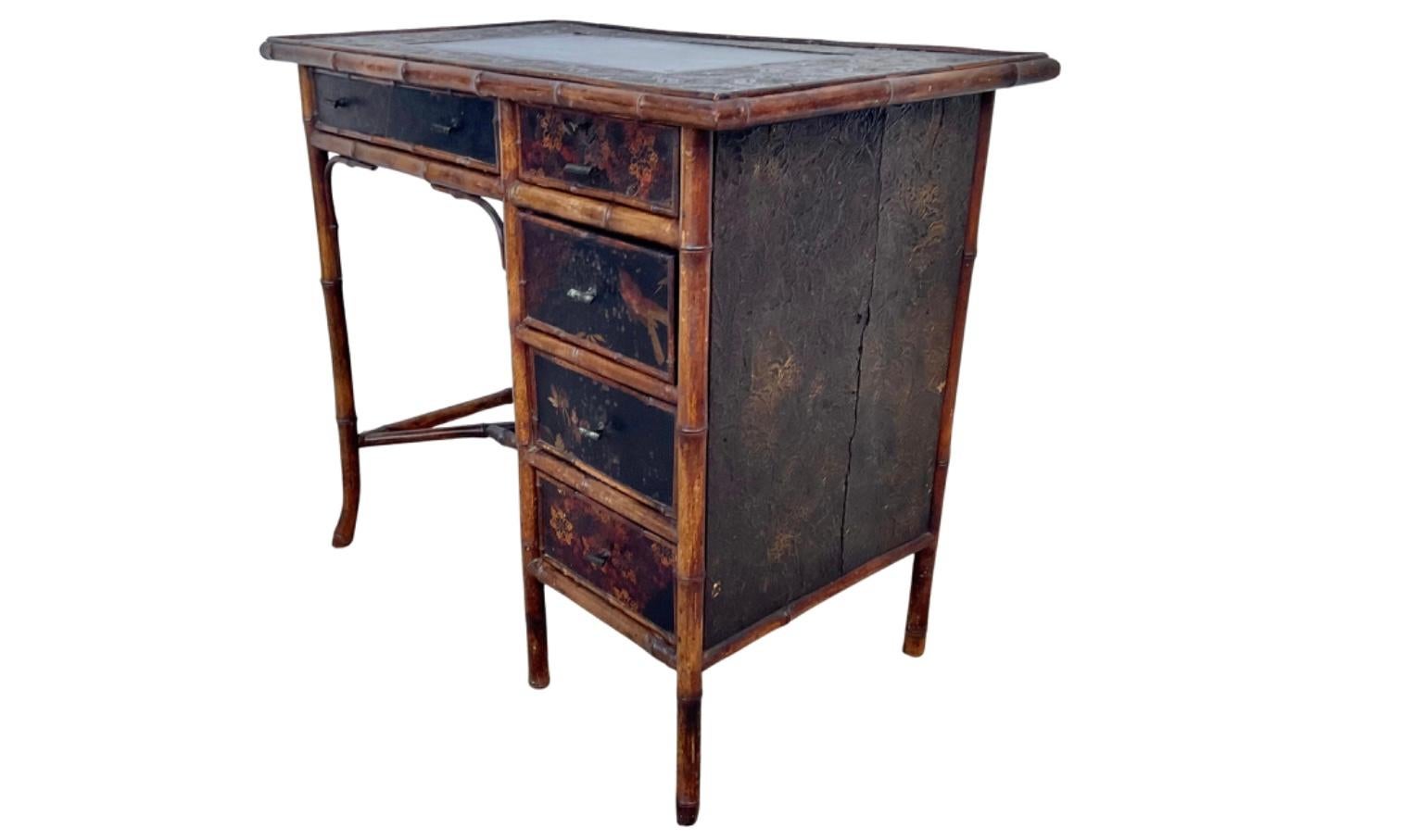 Chinoiserie 19th Century English Lacquered Bamboo Writing Table Desk For Sale