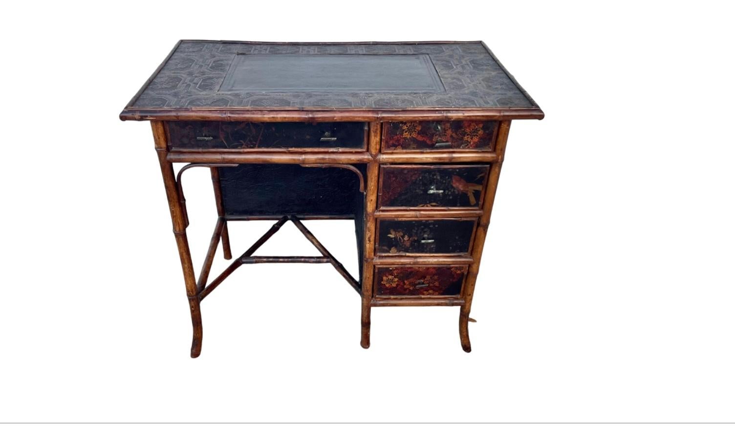 19th Century English Lacquered Bamboo Writing Table Desk In Good Condition For Sale In Bradenton, FL