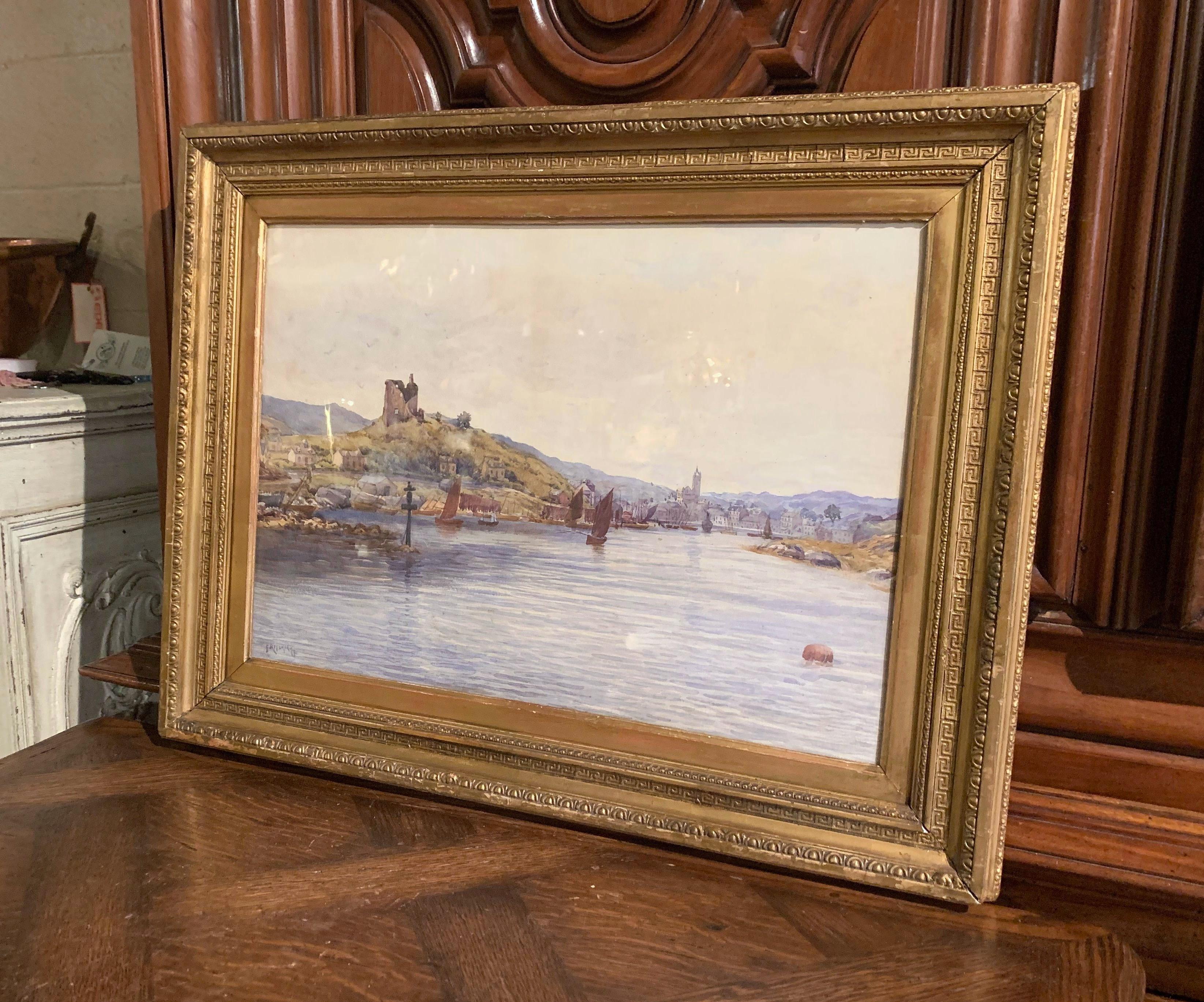 Glass 19th Century English Landscape Watercolor in Gilt Frame Signed F. Ritchie, 1890
