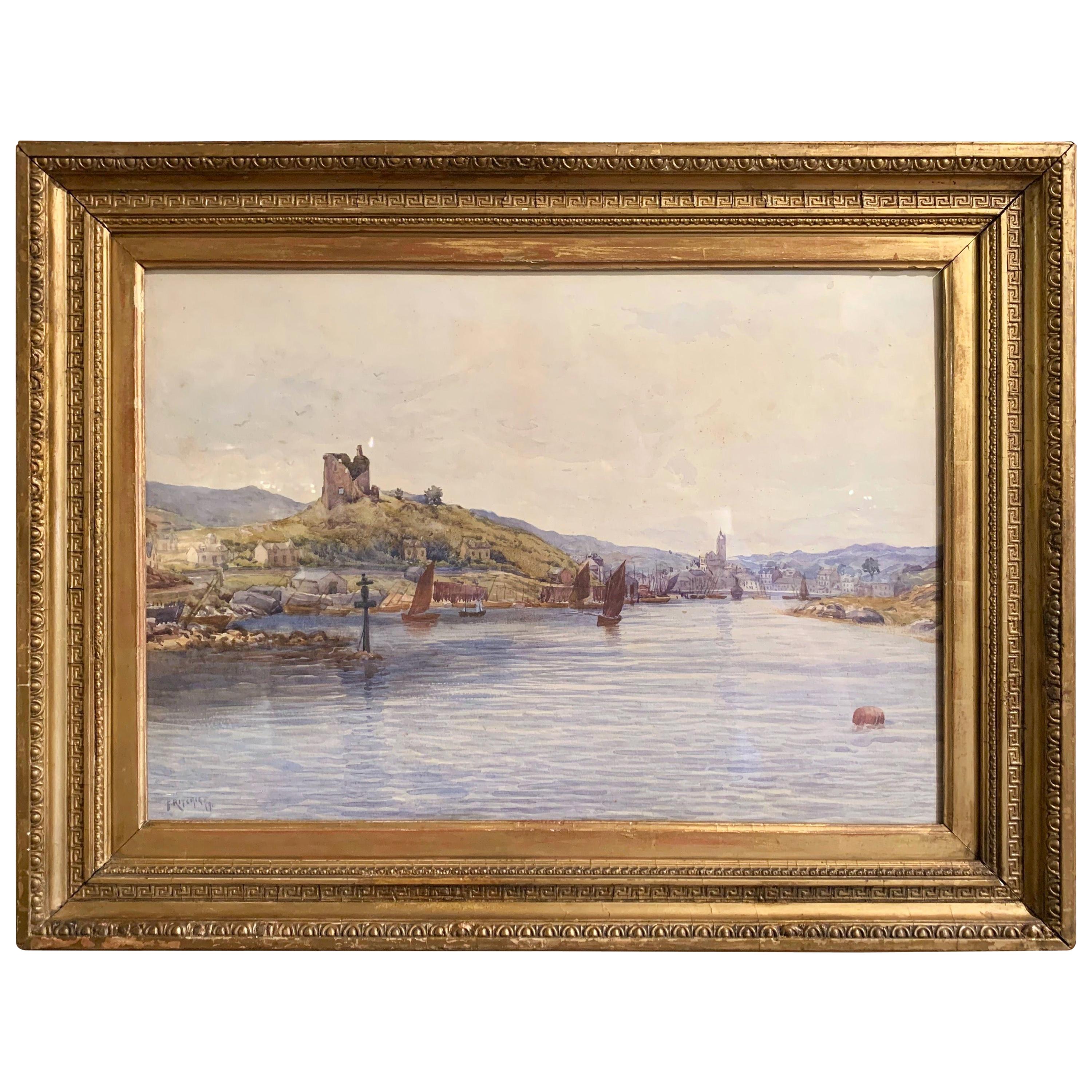 19th Century English Landscape Watercolor in Gilt Frame Signed F. Ritchie, 1890