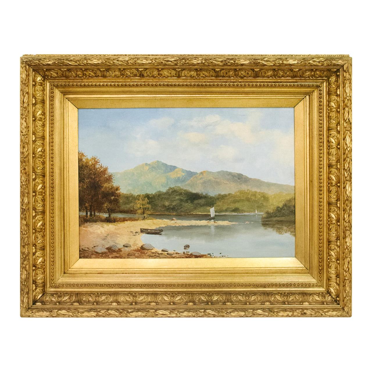 19th Century English Landscape with Sailboat For Sale