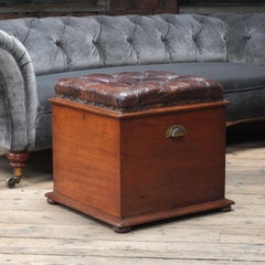 19th Century English Leather and Mahogany Storage Box Ottoman