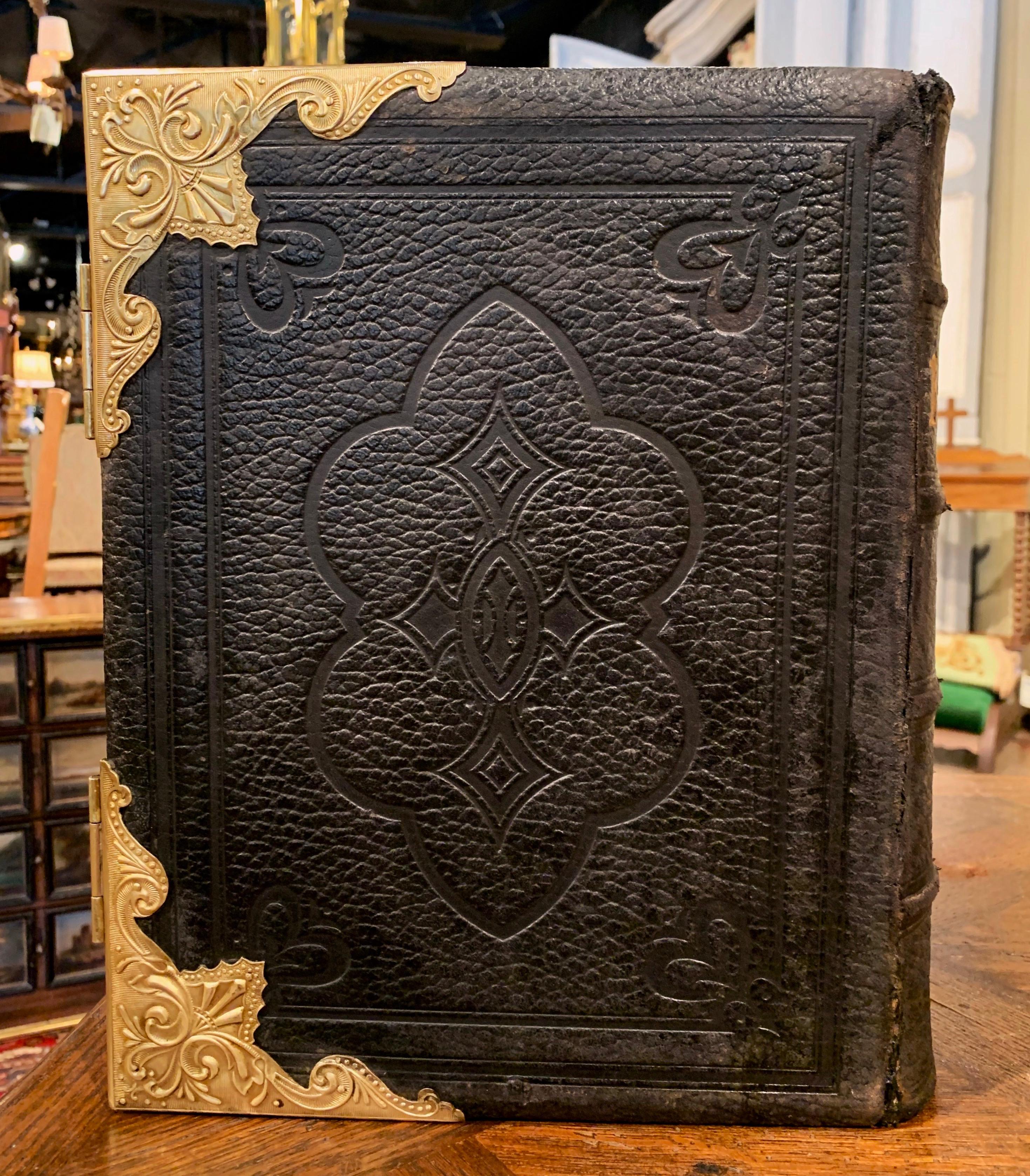 19th Century English Leather Bound and Brass Locks Family Holy Bible 3