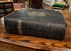 19th Century English Leather Bound and Brass Locks Family Holy Bible