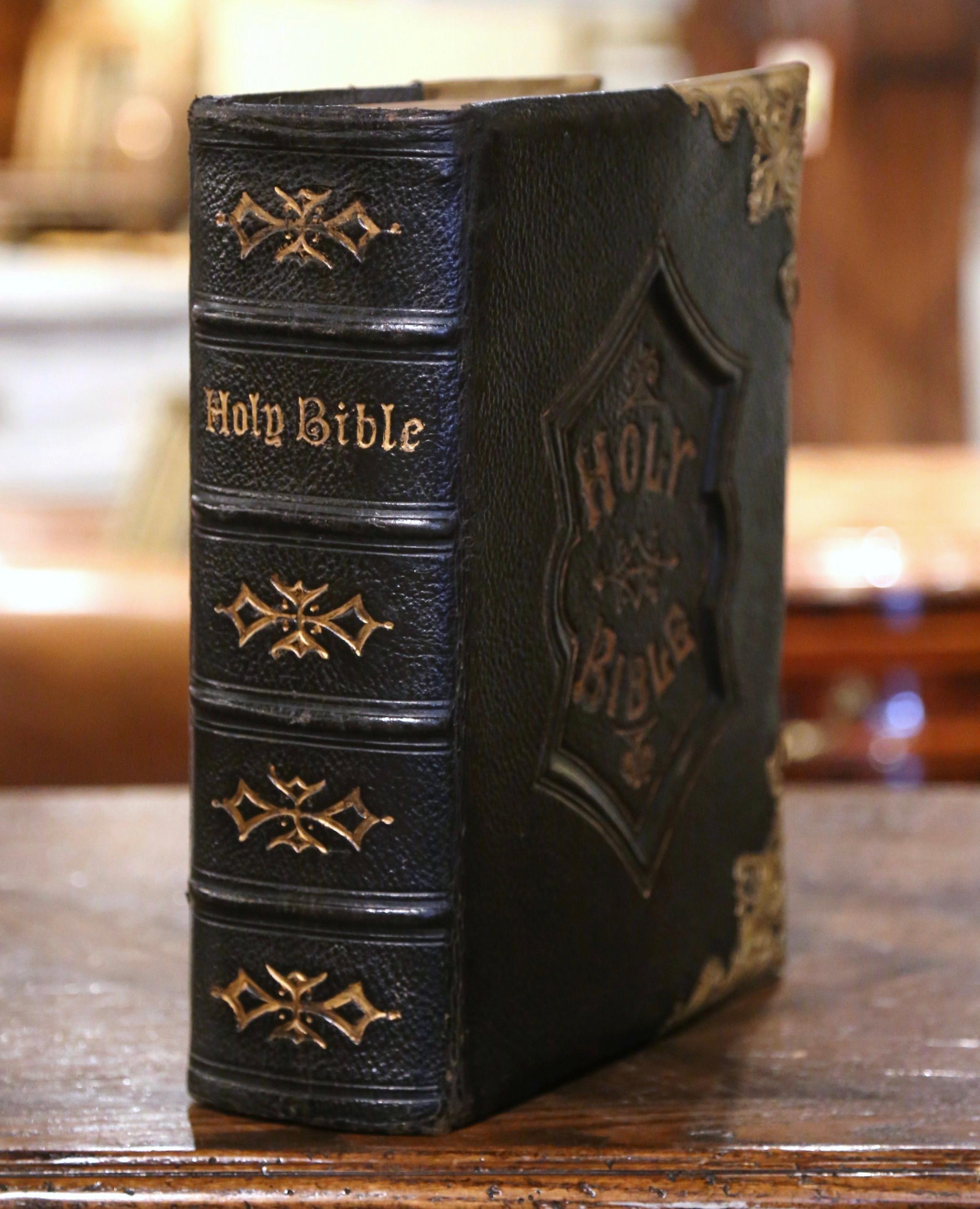 Embossed 19th Century English Leather Bound and Brass Locks Family Holy Bible