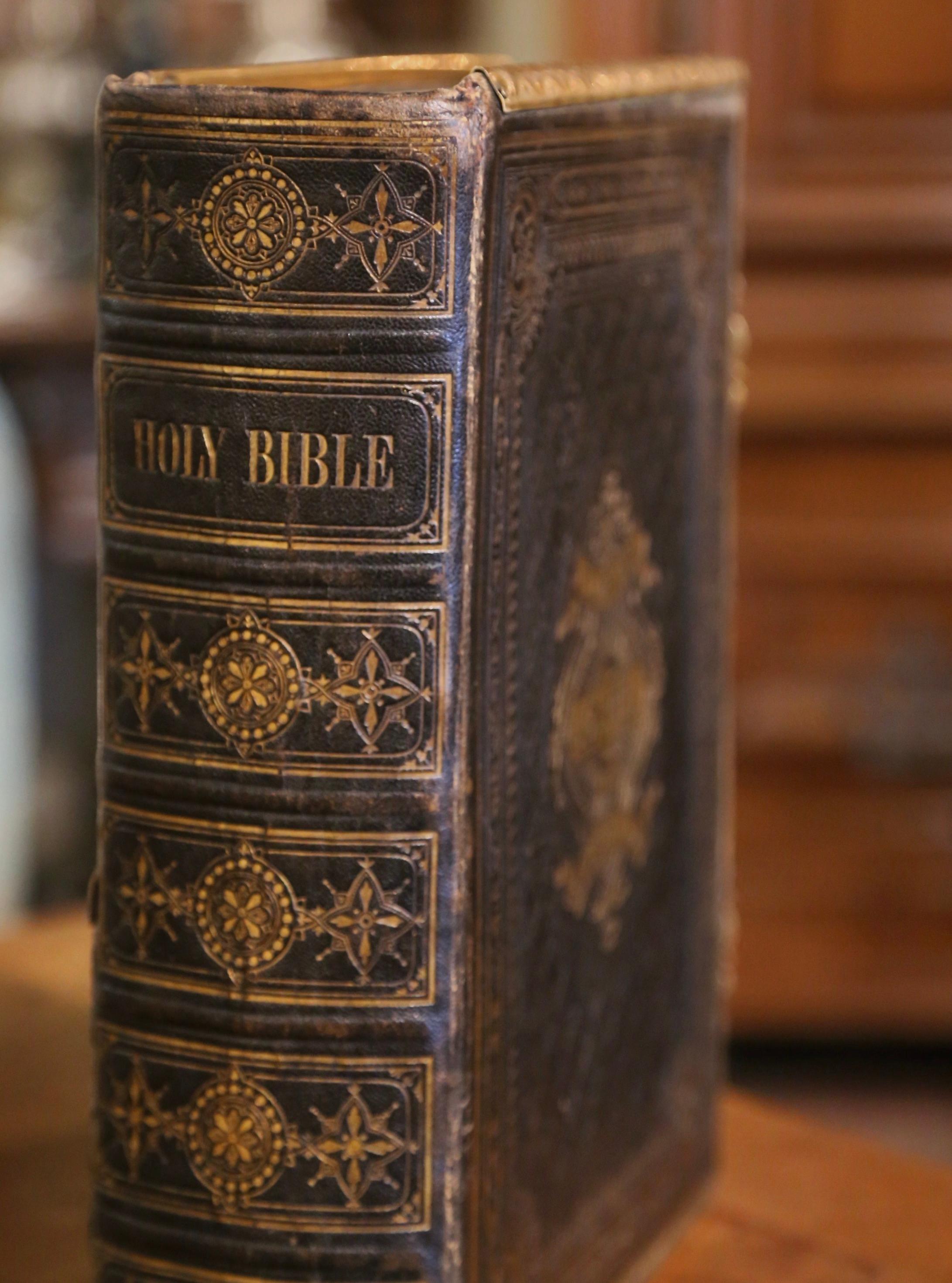 Embossed 19th Century English Leather Bound and Brass Locks Family Holy Bible