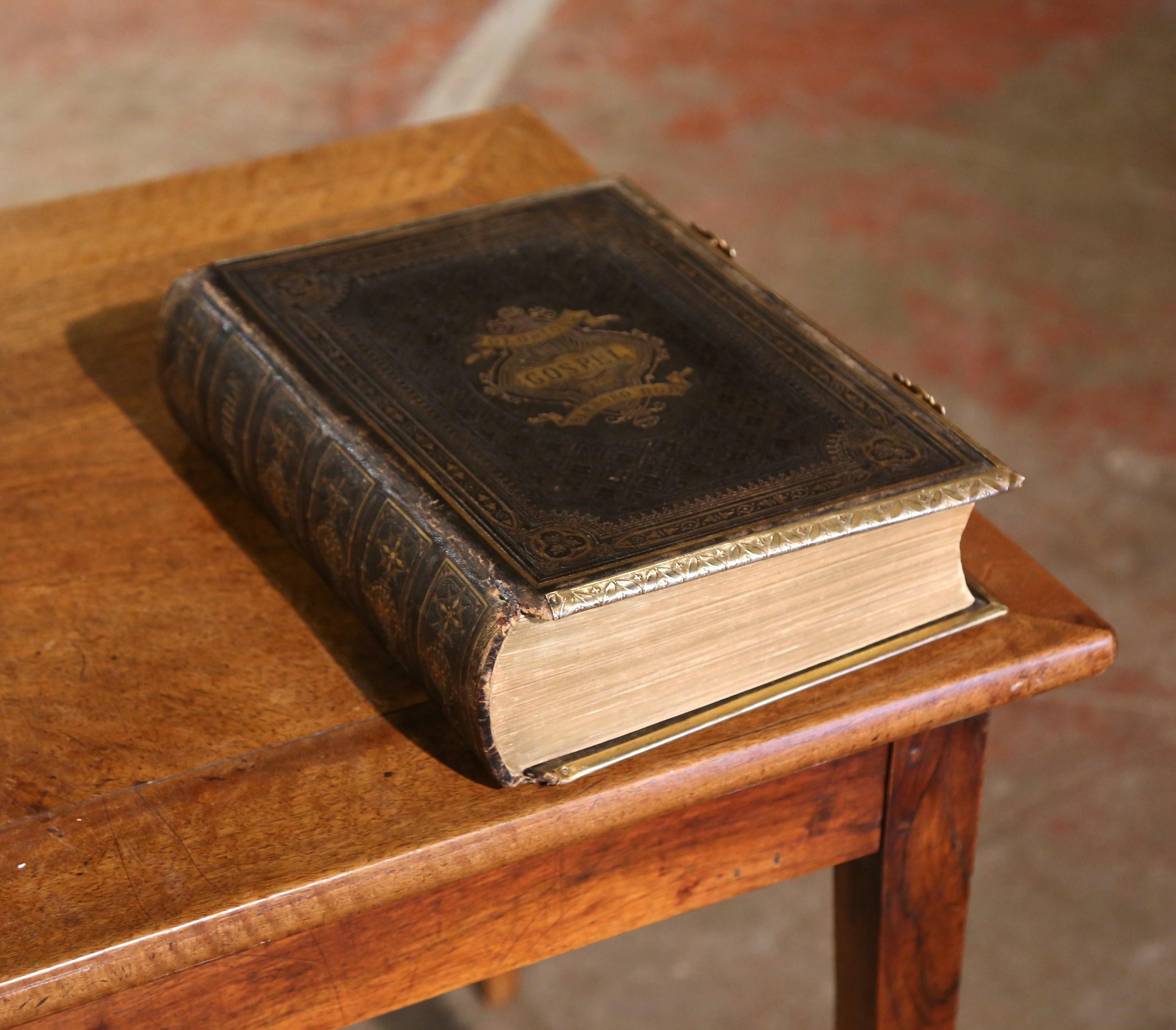 19th Century English Leather Bound and Brass Locks Family Holy Bible In Excellent Condition In Dallas, TX