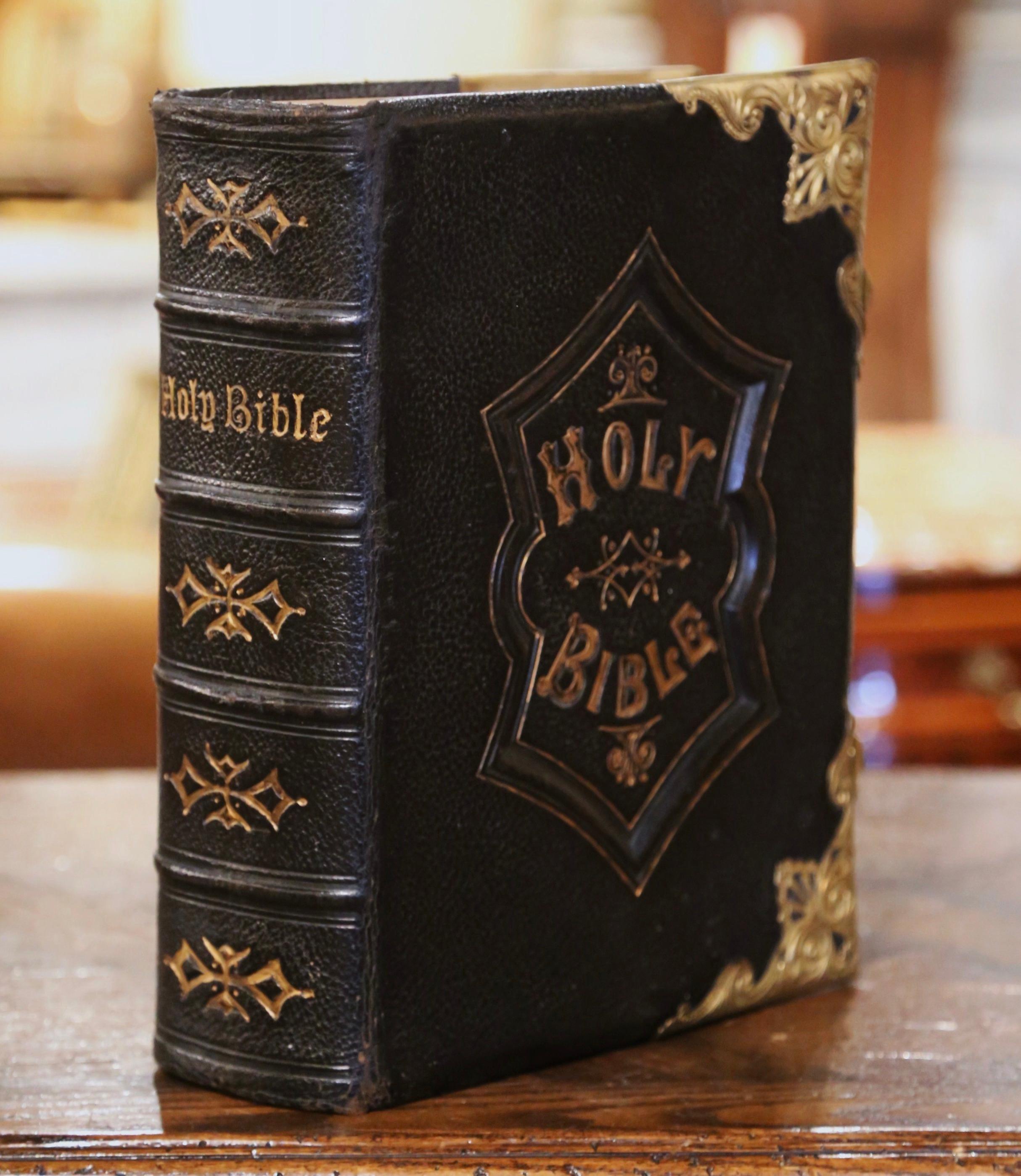 Embossed 19th Century English Leather Bound and Brass Locks Family Holy Bible