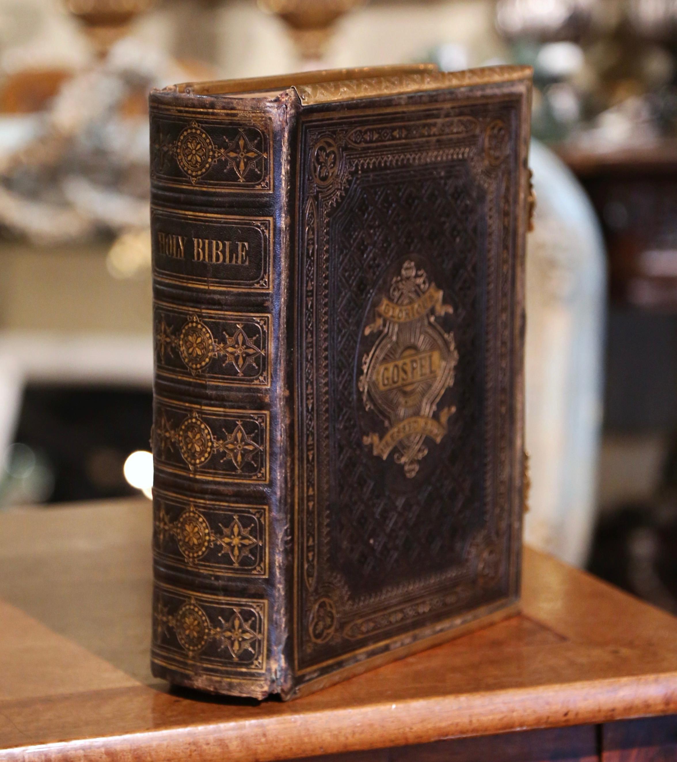 19th Century English Leather Bound and Brass Locks Family Holy Bible 1