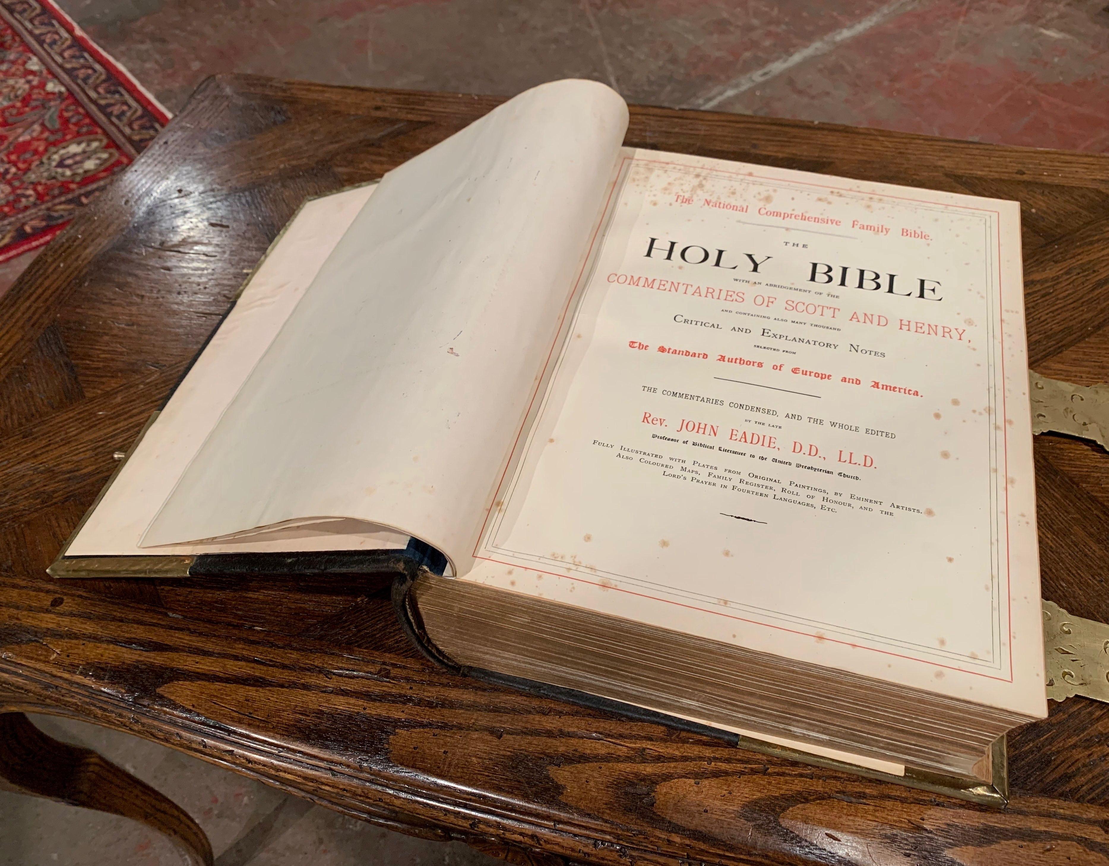 Embossed 19th Century English Leather Bound and Brass Locks Family Holy Bible