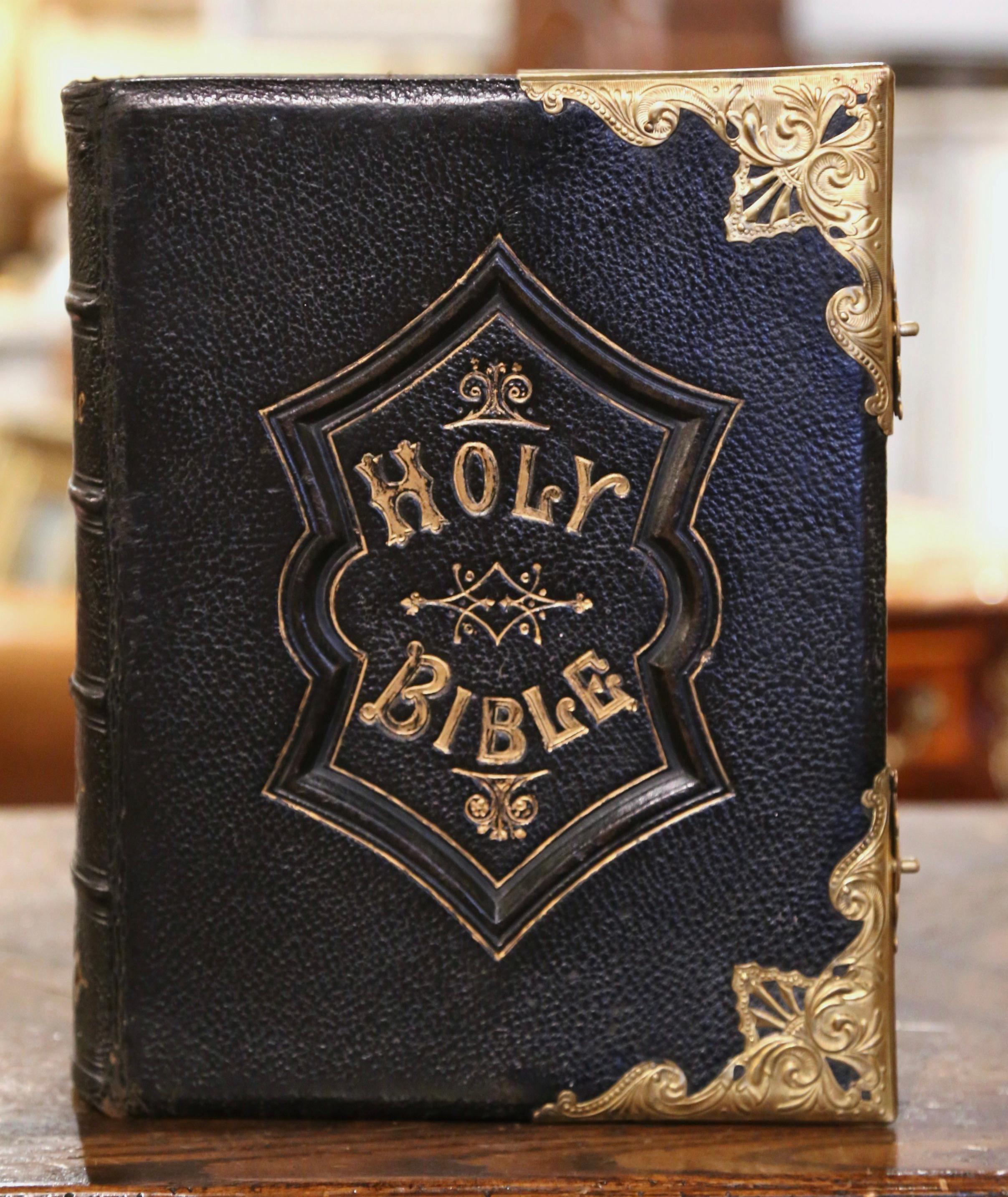19th Century English Leather Bound and Brass Locks Family Holy Bible 2