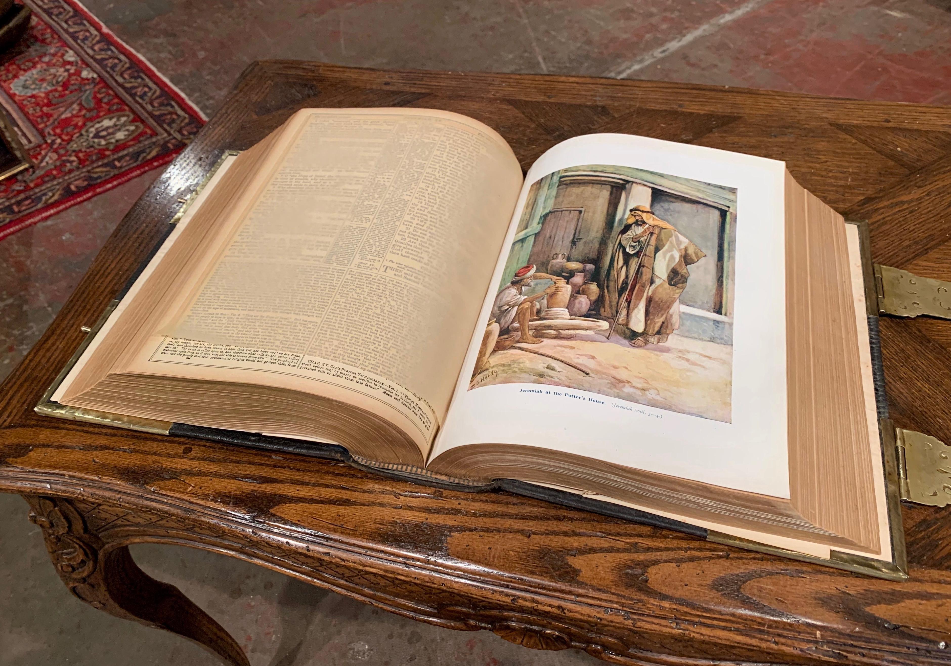 19th Century English Leather Bound and Brass Locks Family Holy Bible In Excellent Condition In Dallas, TX