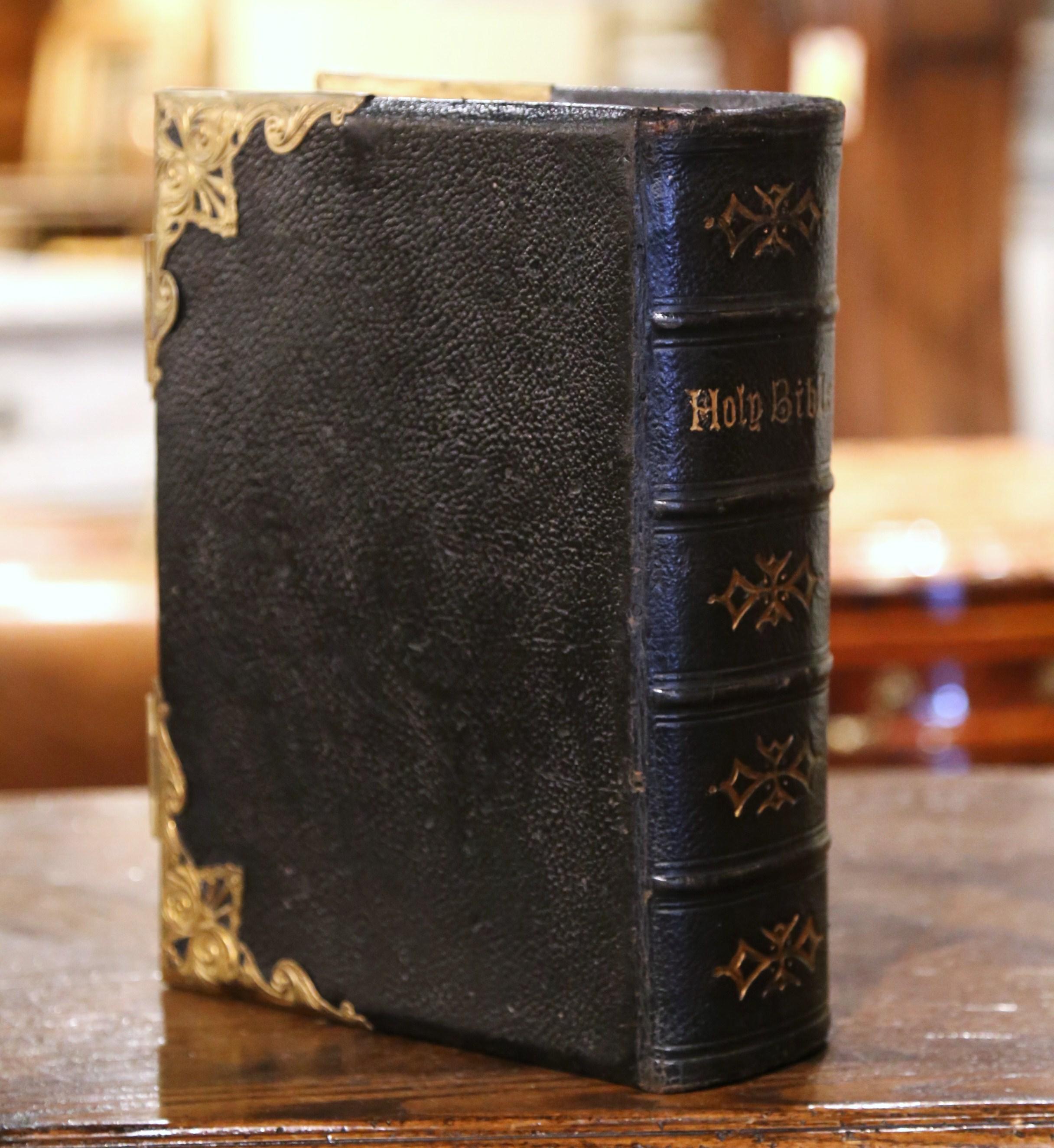 19th Century English Leather Bound and Brass Locks Family Holy Bible 4