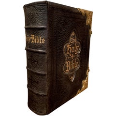19th Century English Leather Bound and Brass Locks Family Holy Bible