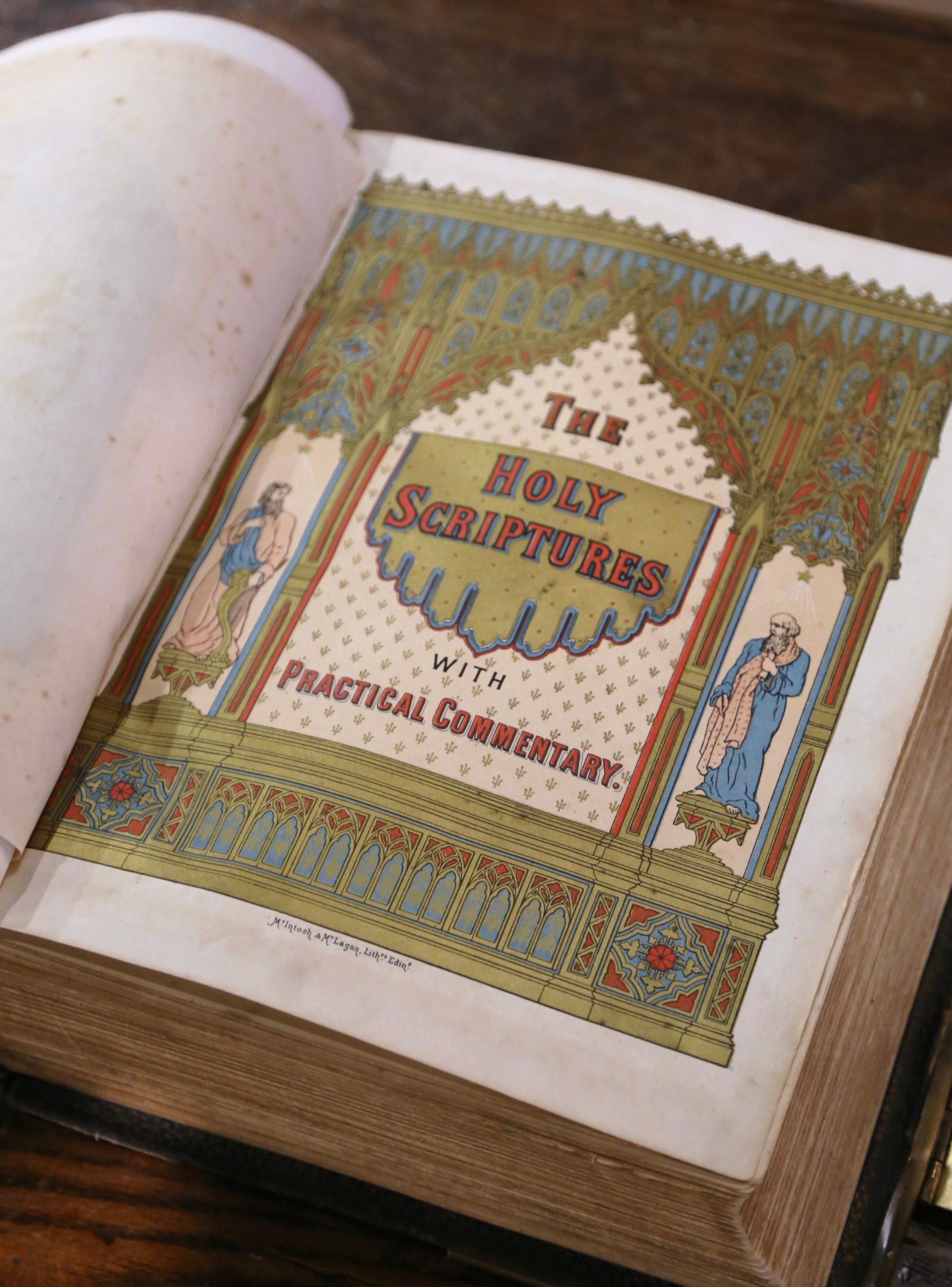 19th Century English Leather Bound and Brass Locks Holy Bible Illustrated 4