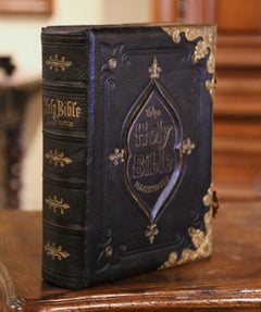 19th Century English Leather Bound and Brass Locks Holy Bible Illustrated