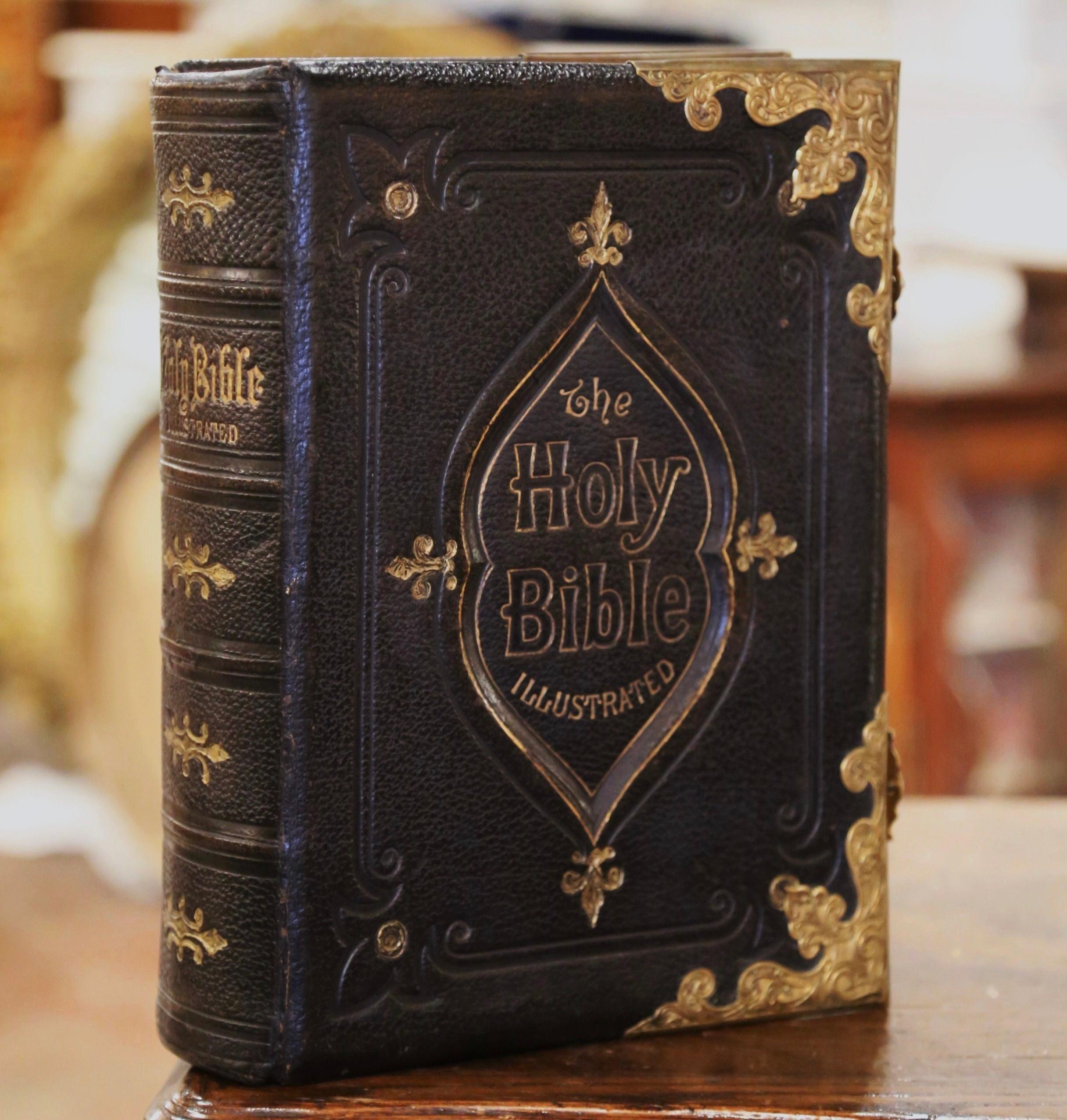 Embossed 19th Century English Leather Bound and Brass Locks Holy Bible Illustrated