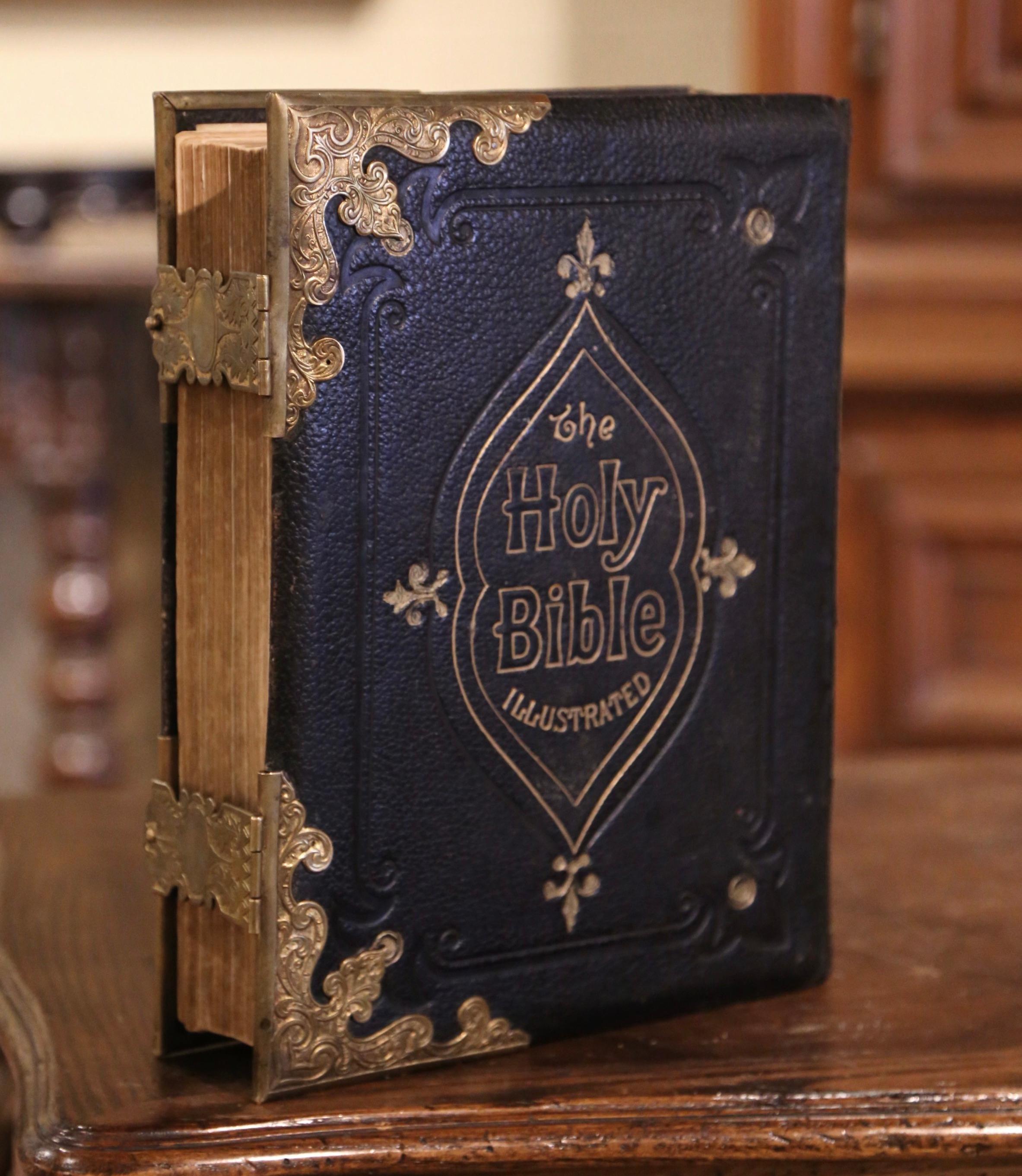 19th Century English Leather Bound and Brass Locks Holy Bible Illustrated 1
