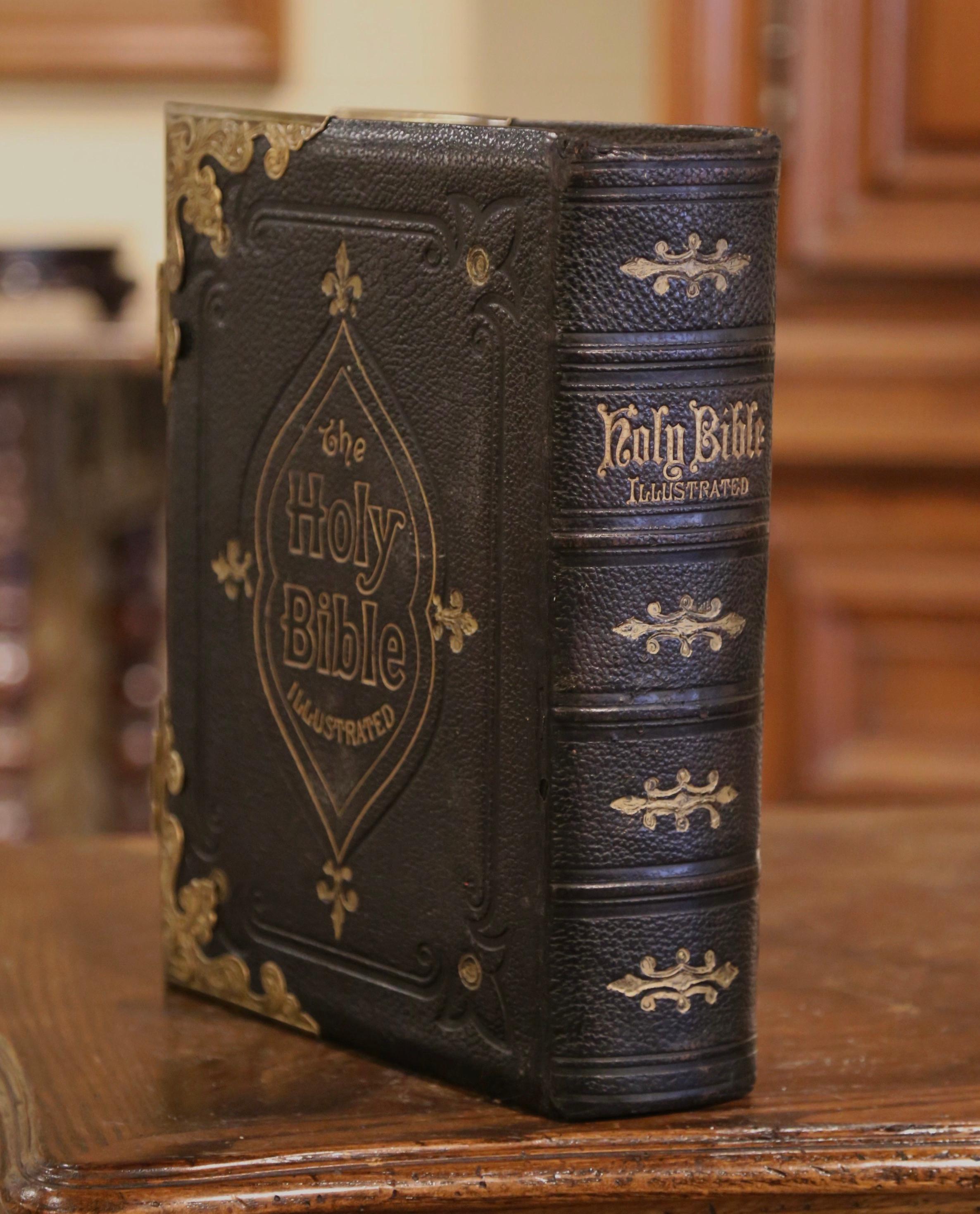 19th Century English Leather Bound and Brass Locks Holy Bible Illustrated 2