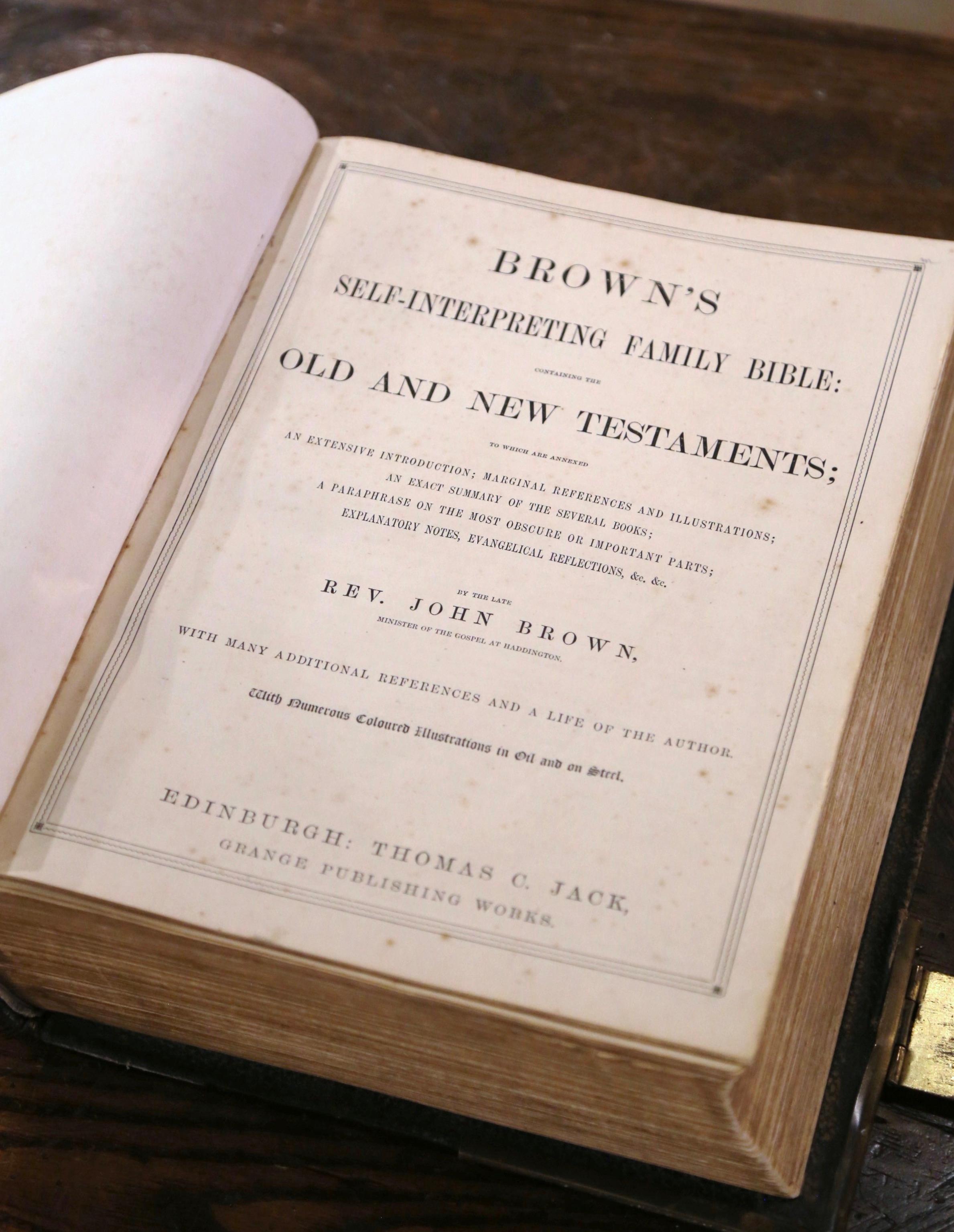 19th Century English Leather Bound and Brass Locks Holy Bible Illustrated 3