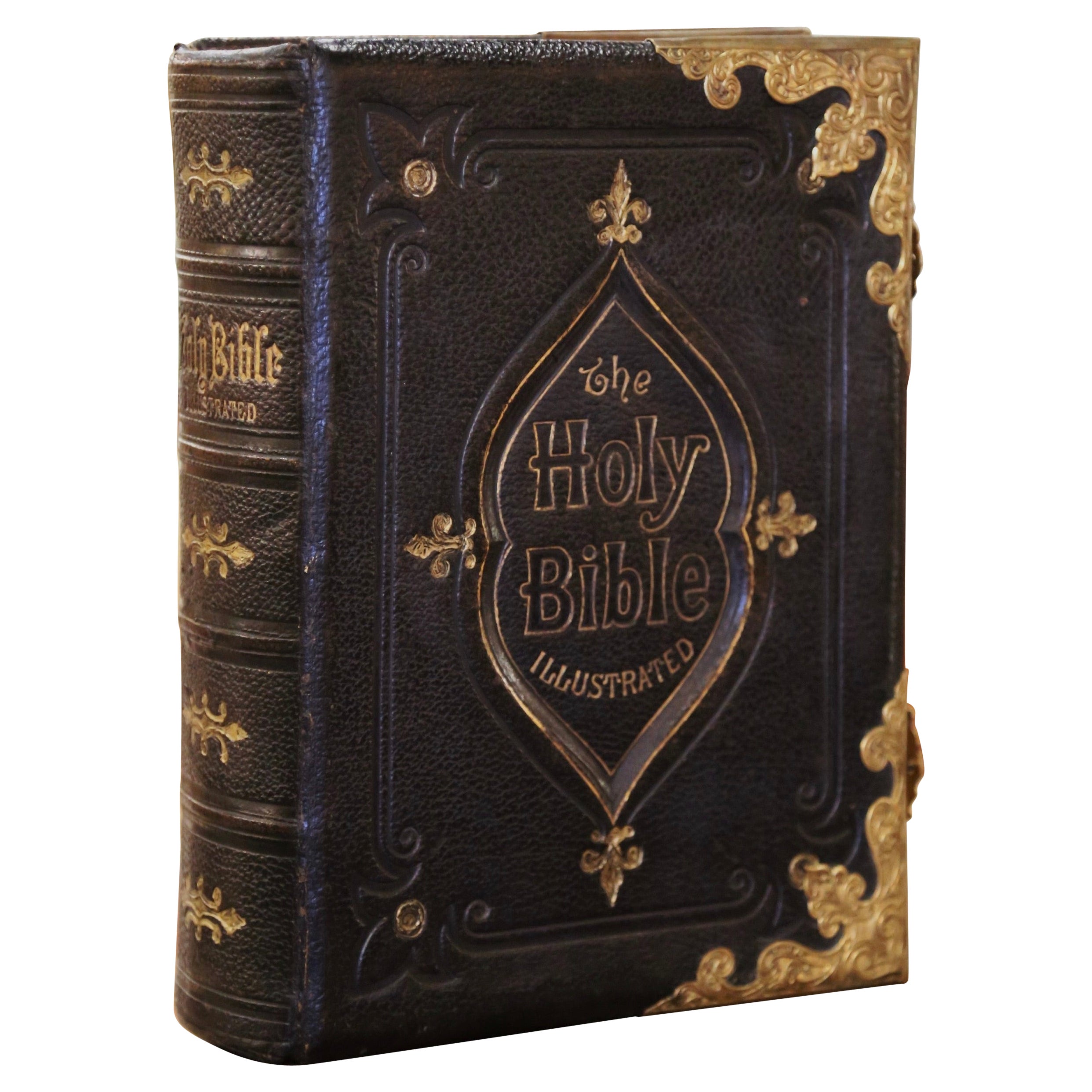 19th Century English Leather Bound and Brass Locks Holy Bible Illustrated