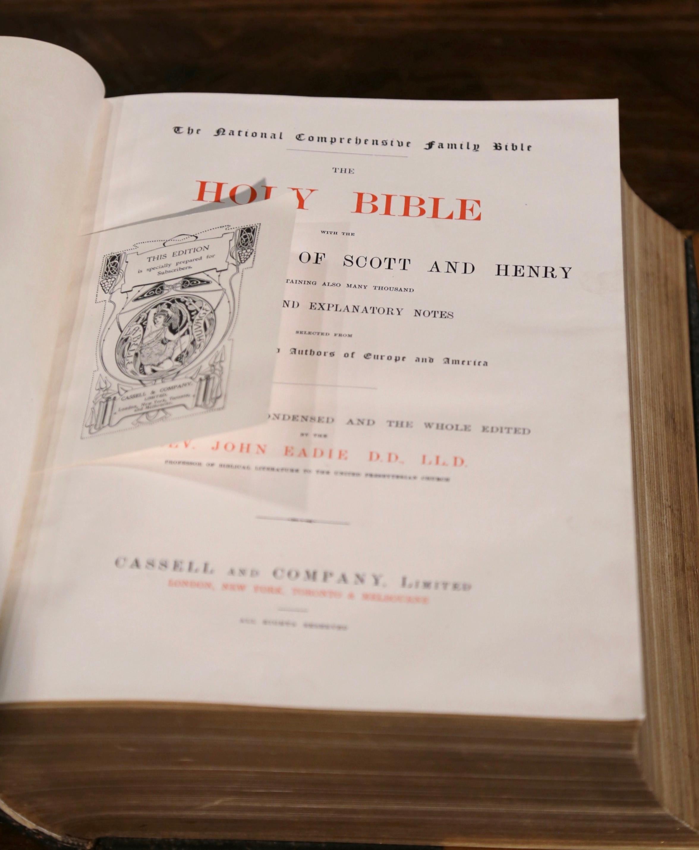 19th Century English Leather Bound and Brass Locks National Family Holy Bible In Excellent Condition For Sale In Dallas, TX