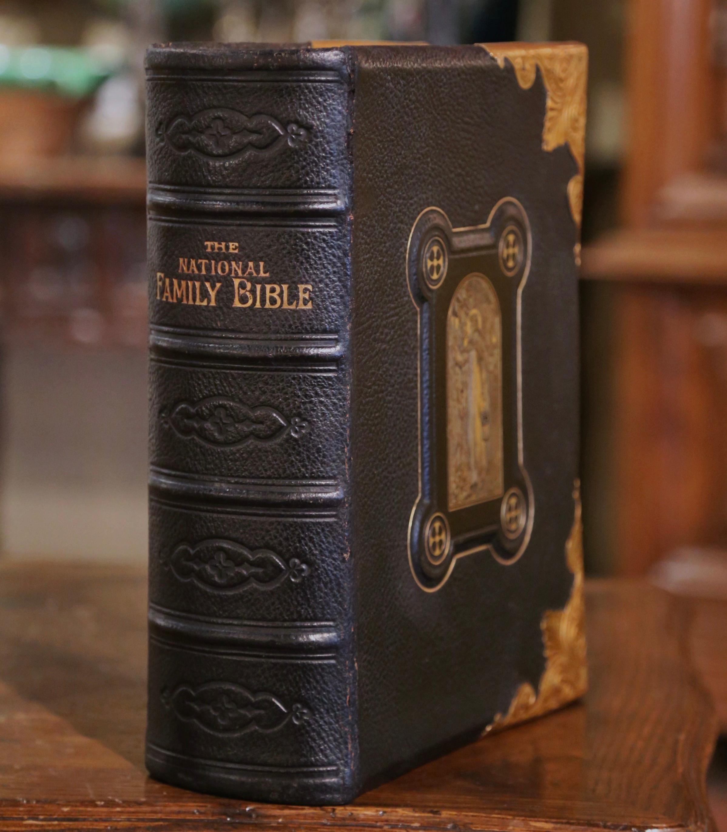 19th Century English Leather Bound and Brass Locks National Family Holy Bible For Sale 1