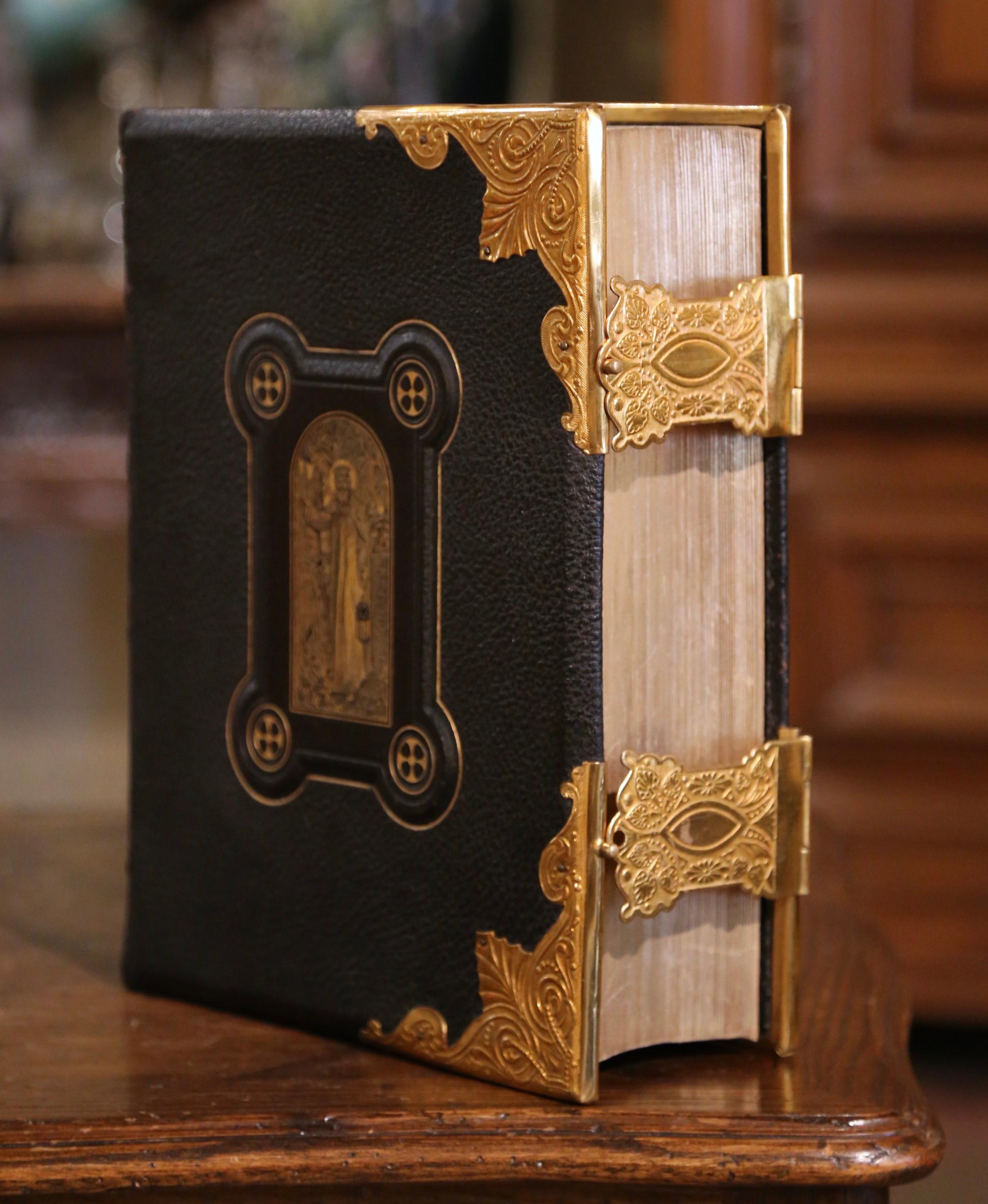 19th Century English Leather Bound and Brass Locks National Family Holy Bible For Sale 2