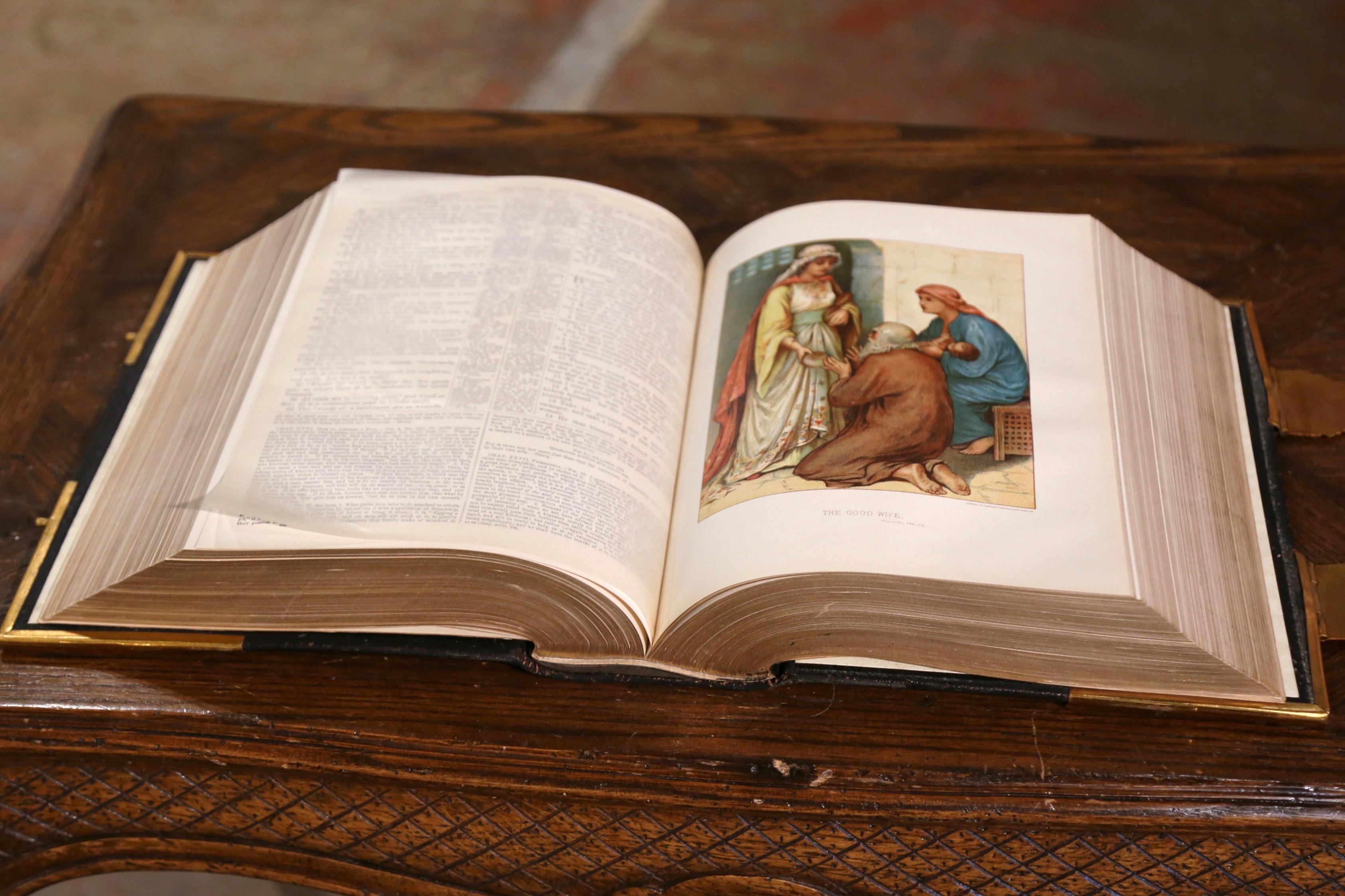 19th Century English Leather Bound and Brass Locks National Family Holy Bible For Sale 3