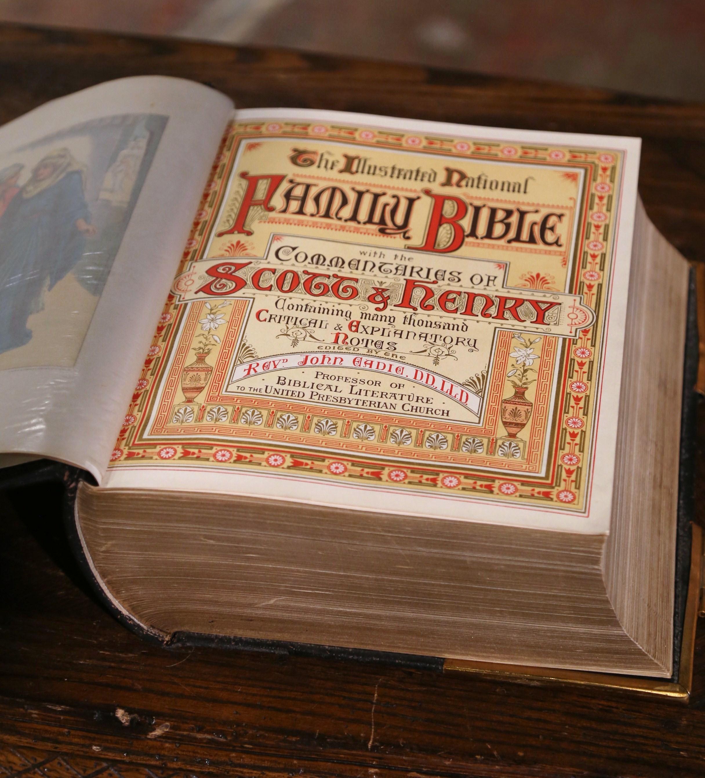 19th Century English Leather Bound and Brass Locks National Family Holy Bible For Sale 4