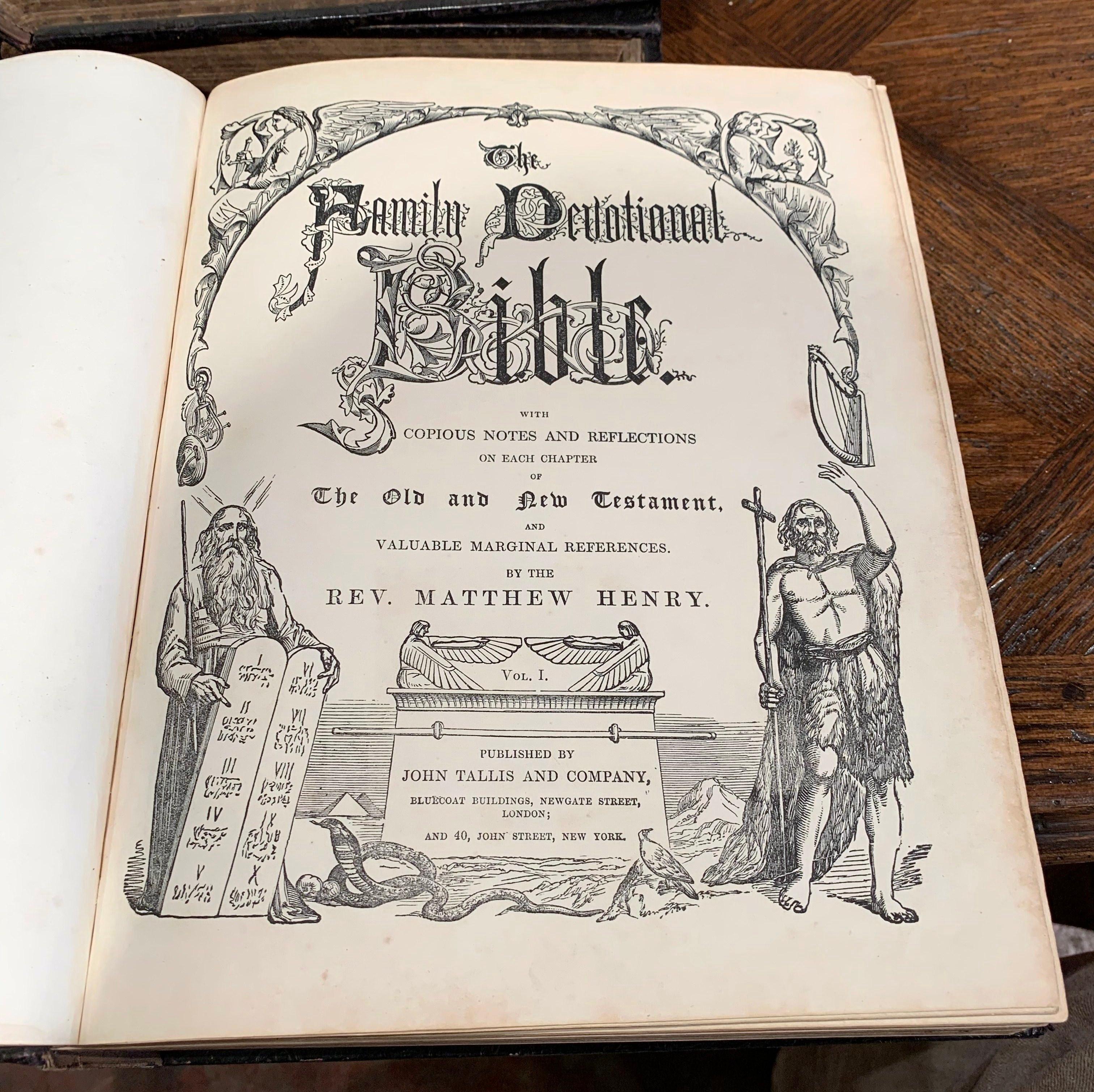 Patinated 19th Century English Leather Bound and Gilt Holy Family Bible, Three Volumes