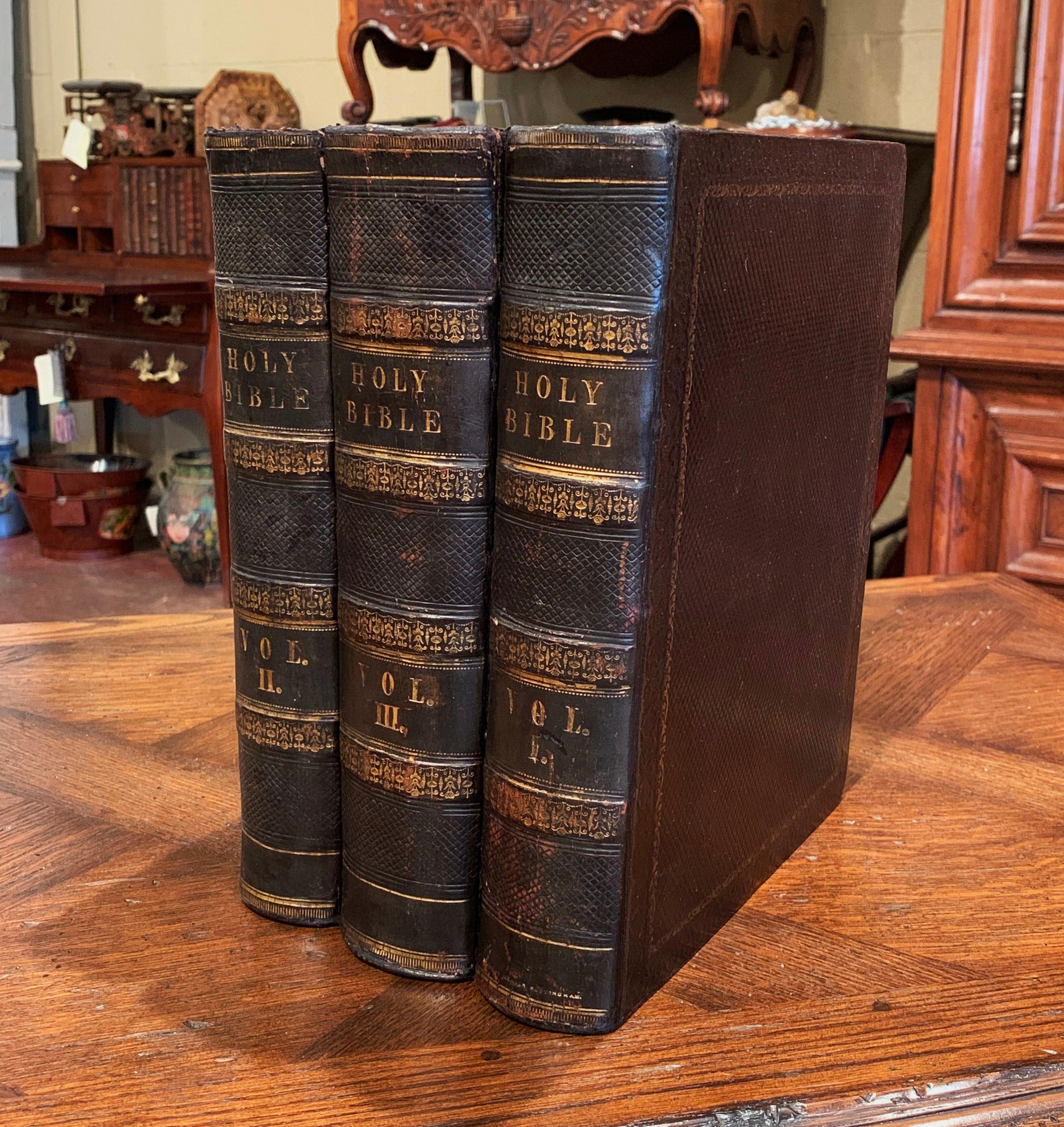 19th Century English Leather Bound and Gilt Holy Family Bible, Three Volumes In Excellent Condition In Dallas, TX