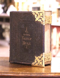 19th Century English Leather Bound Family Bible with Brass Mounts and Clasps