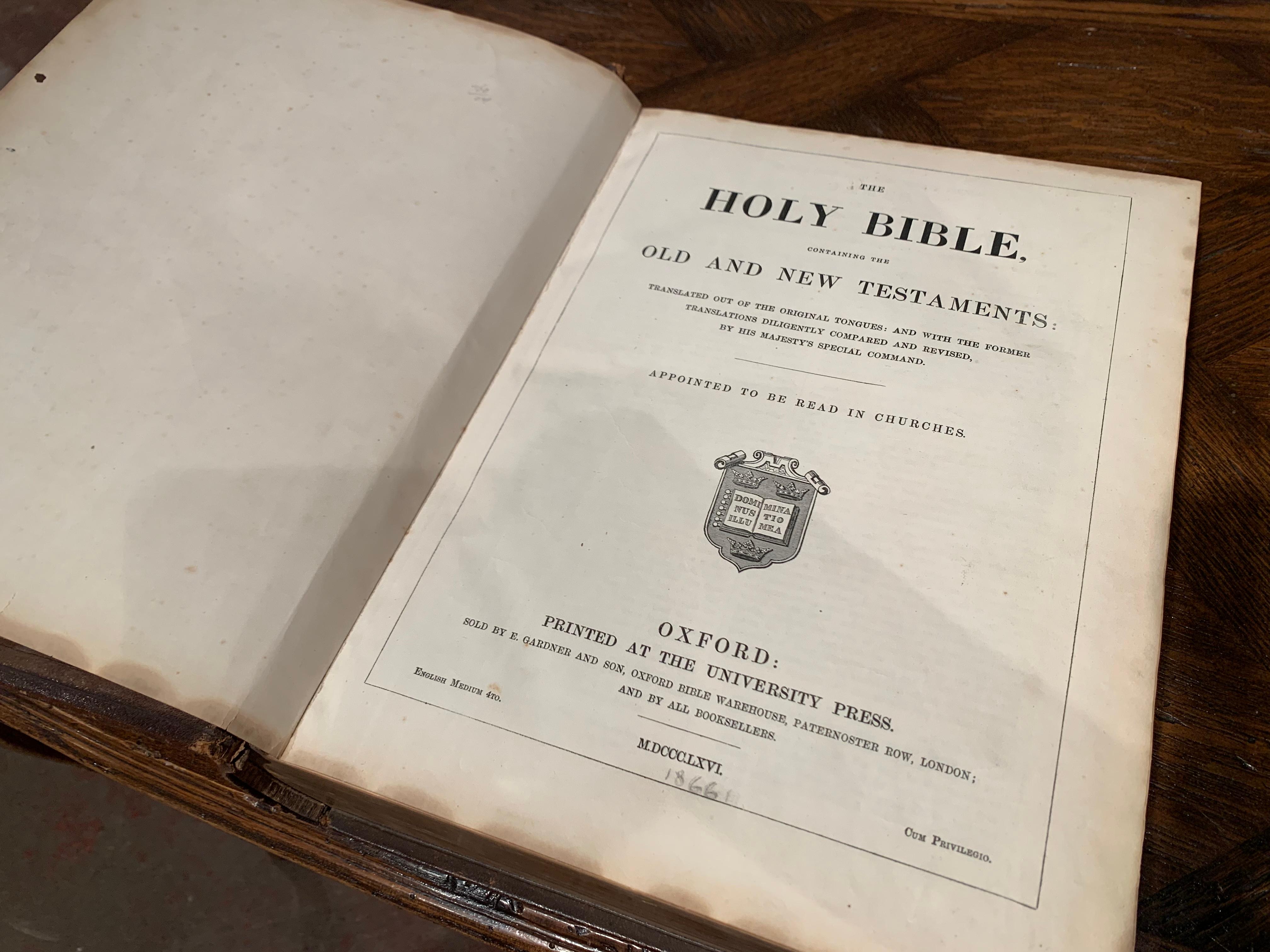 19th Century English Leather-Bound Holy Bible, Dated 1866 In Excellent Condition In Dallas, TX