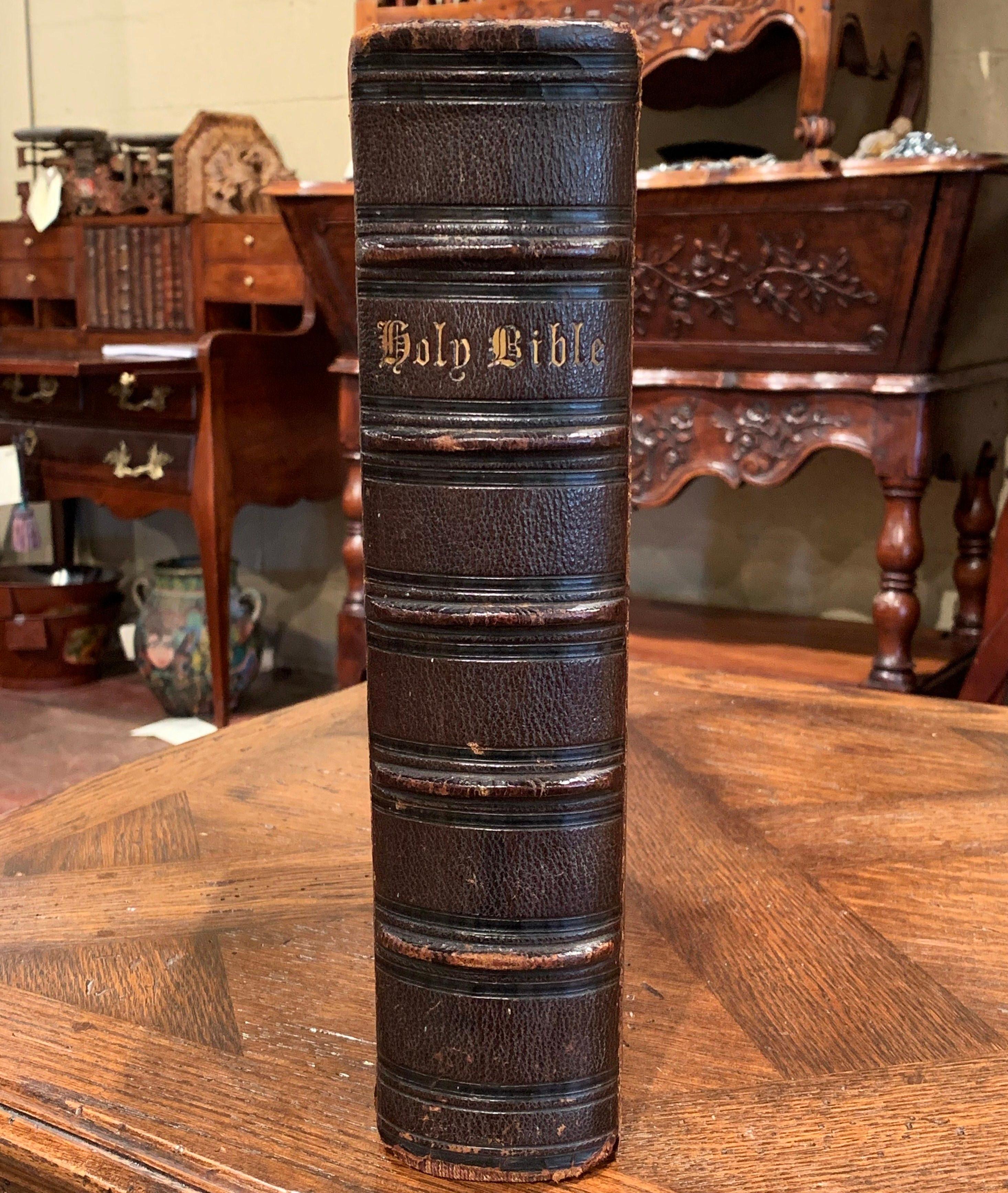 19th Century English Leather Bound Holy Bible with Gilt Tooling and Brass Lock 6