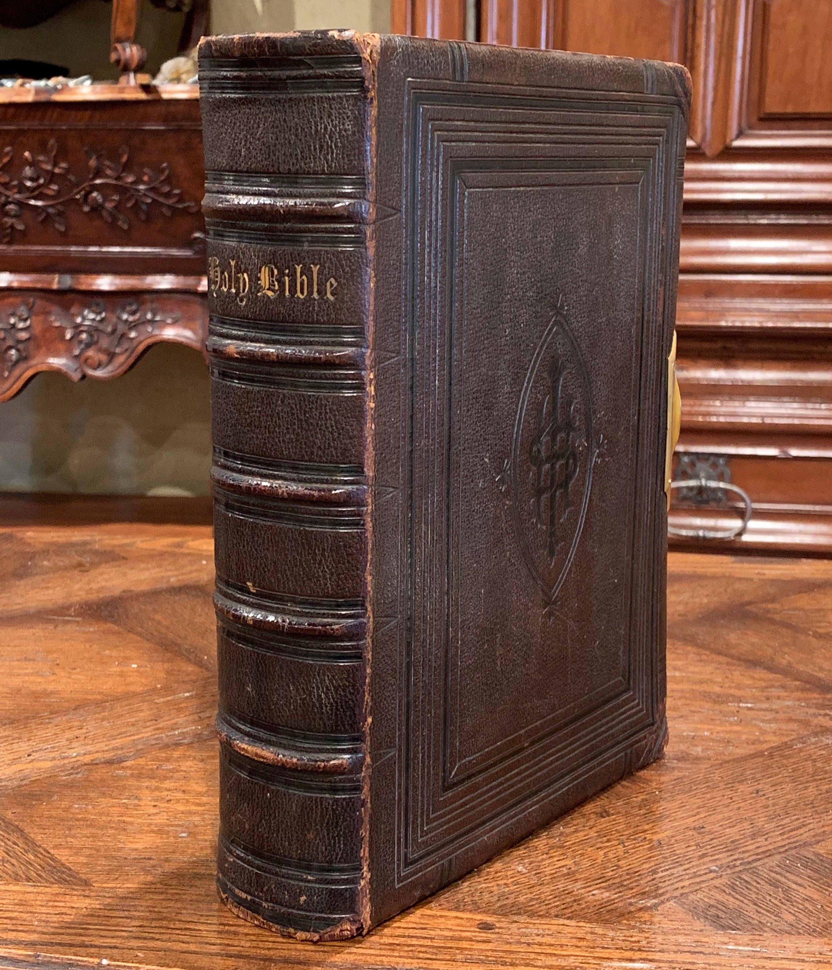 19th Century English Leather Bound Holy Bible with Gilt Tooling and Brass Lock 1