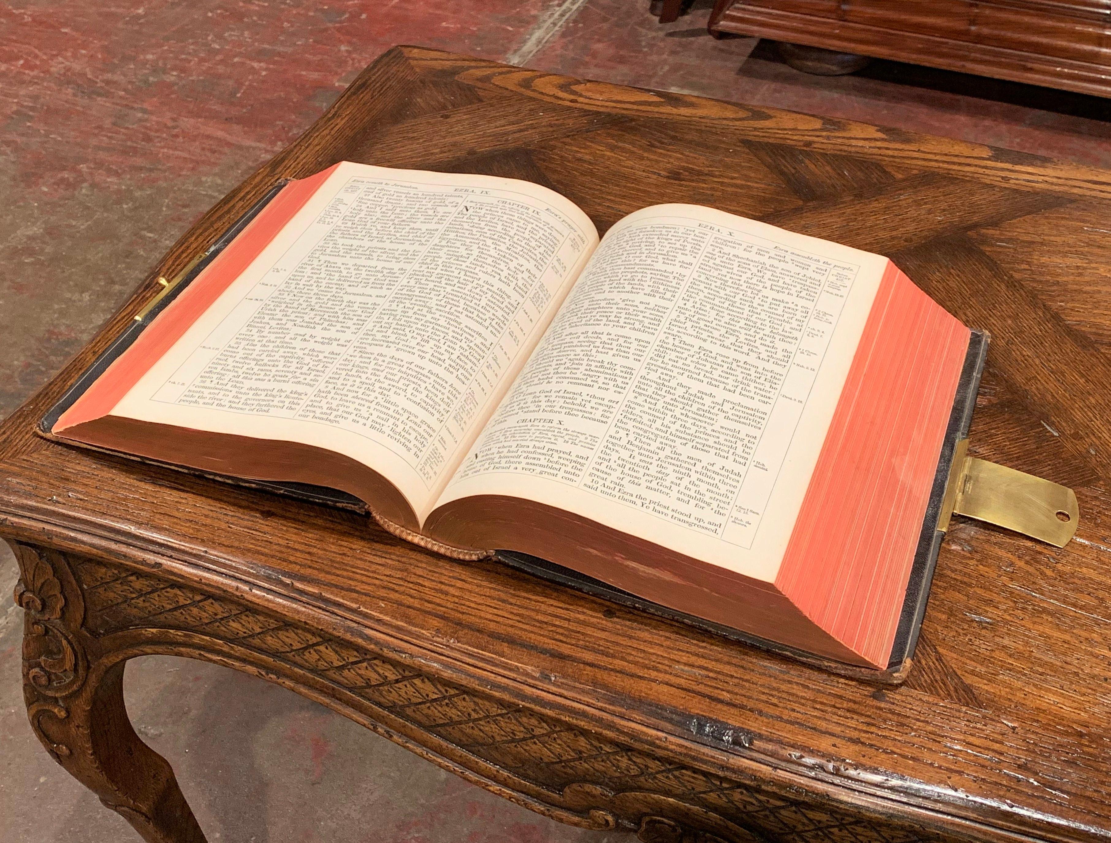 19th Century English Leather Bound Holy Bible with Gilt Tooling and Brass Lock 3