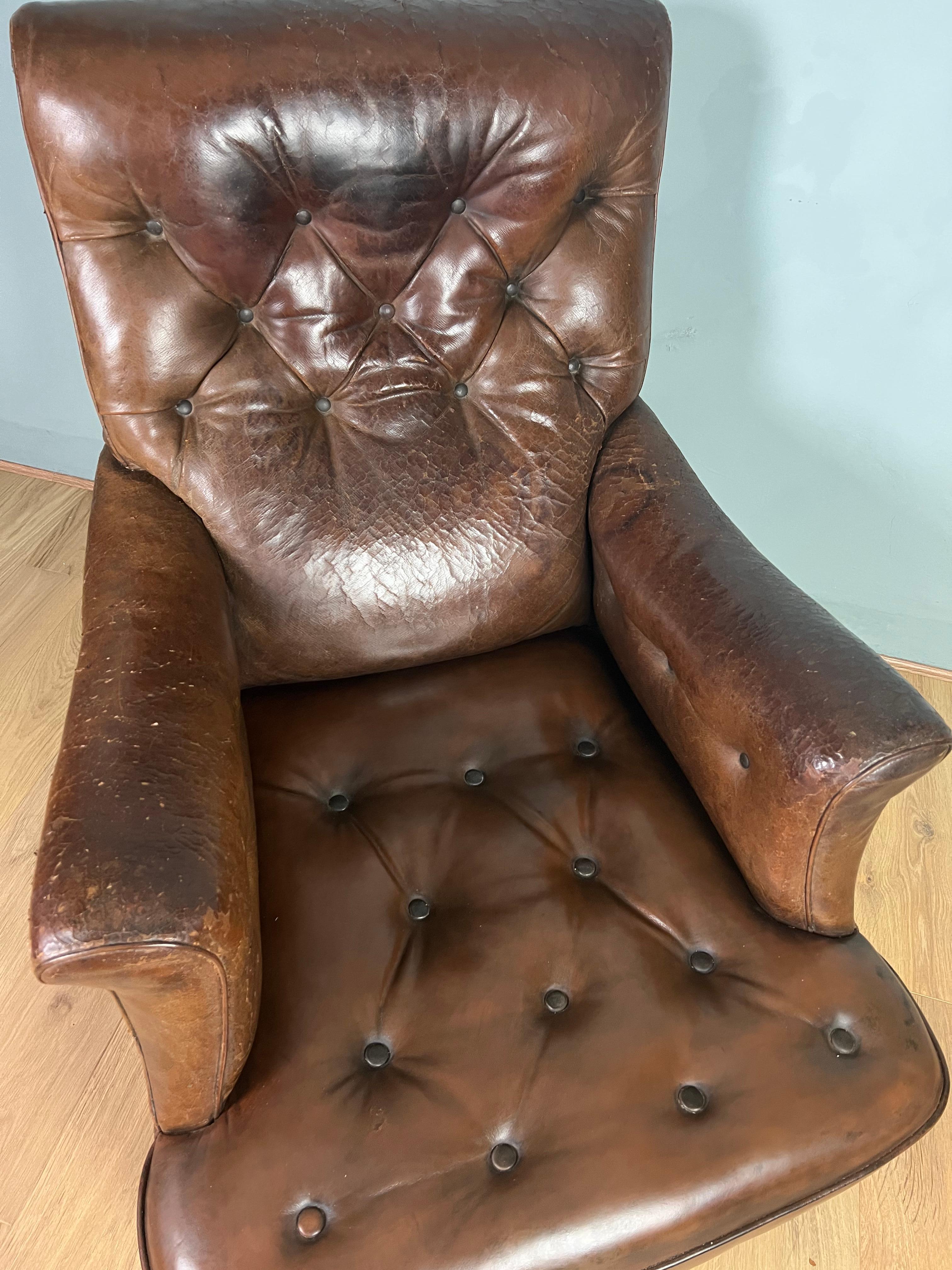 Country 19th Century English Leather Deep Buttoned Easy “Howard” Style Armchair