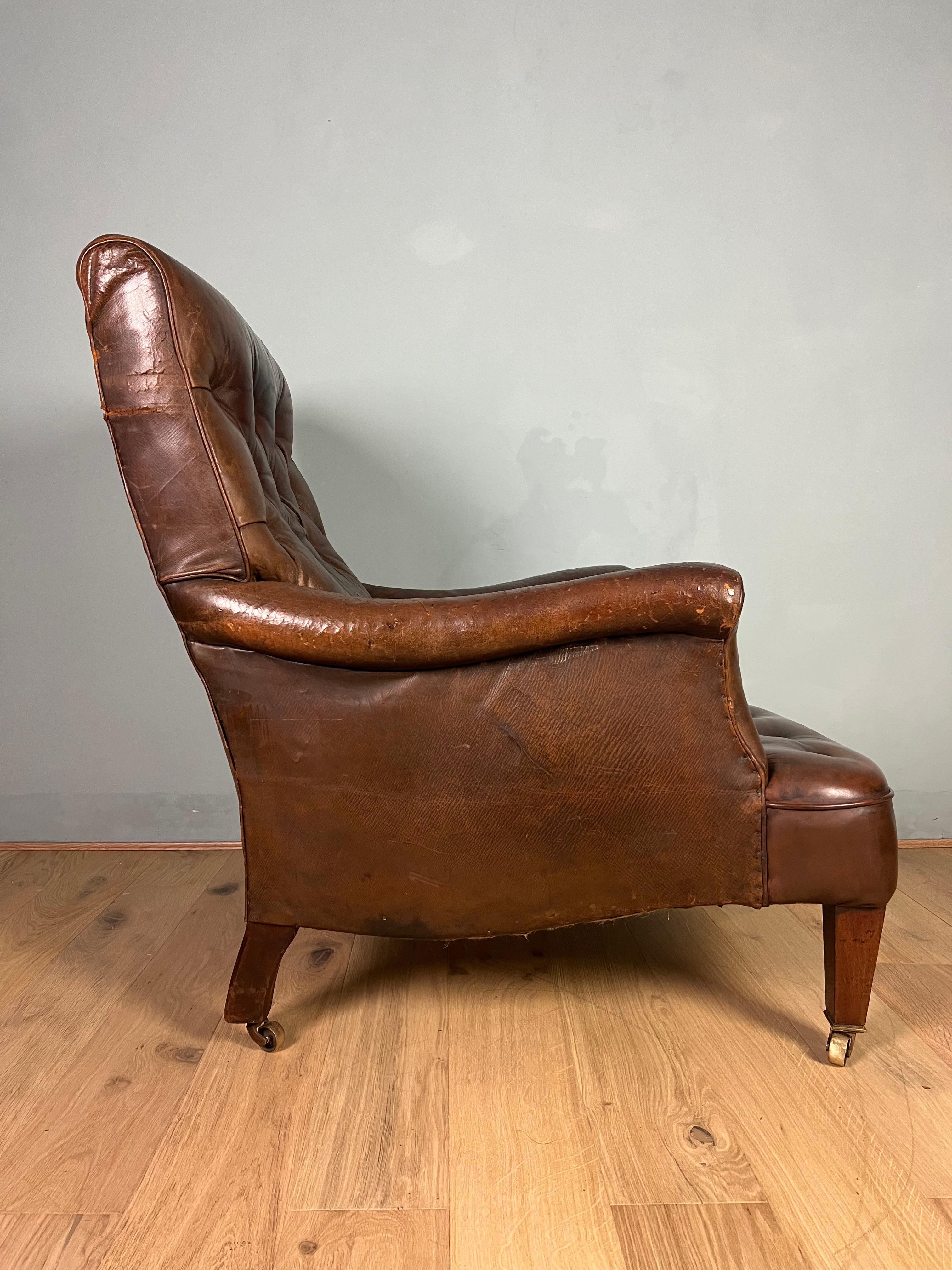 19th Century English Leather Deep Buttoned Easy “Howard” Style Armchair In Good Condition In Sherborne, GB